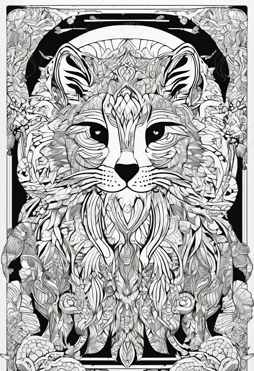 gato com linhas fortes e arrojadas, fundo branco, coloring page, estilo de desenho a ser colorido, fundo branco com fundo mandalas para ser colorido, super detailed and crisp lines and drawings. tudo preto e branco.