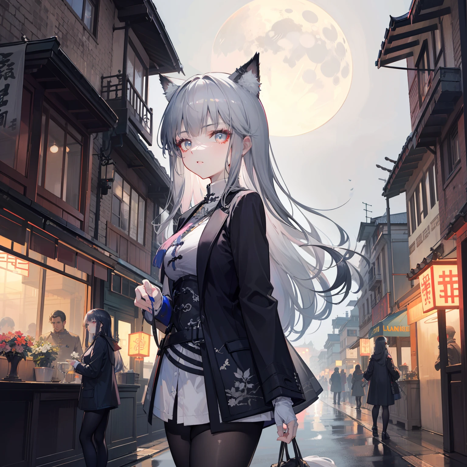 Masterpiece, Best quality, Night, full moon, 1 girl, Mature woman, Chinese style, Ancient China, The woman's grim expression, silver-white long hair, Light pink lips, calm, Intellectual, tribelt, Gray pupils, assassins, Flower lanterns, holding lantern, flower ball background, Stroll through the street landscape
