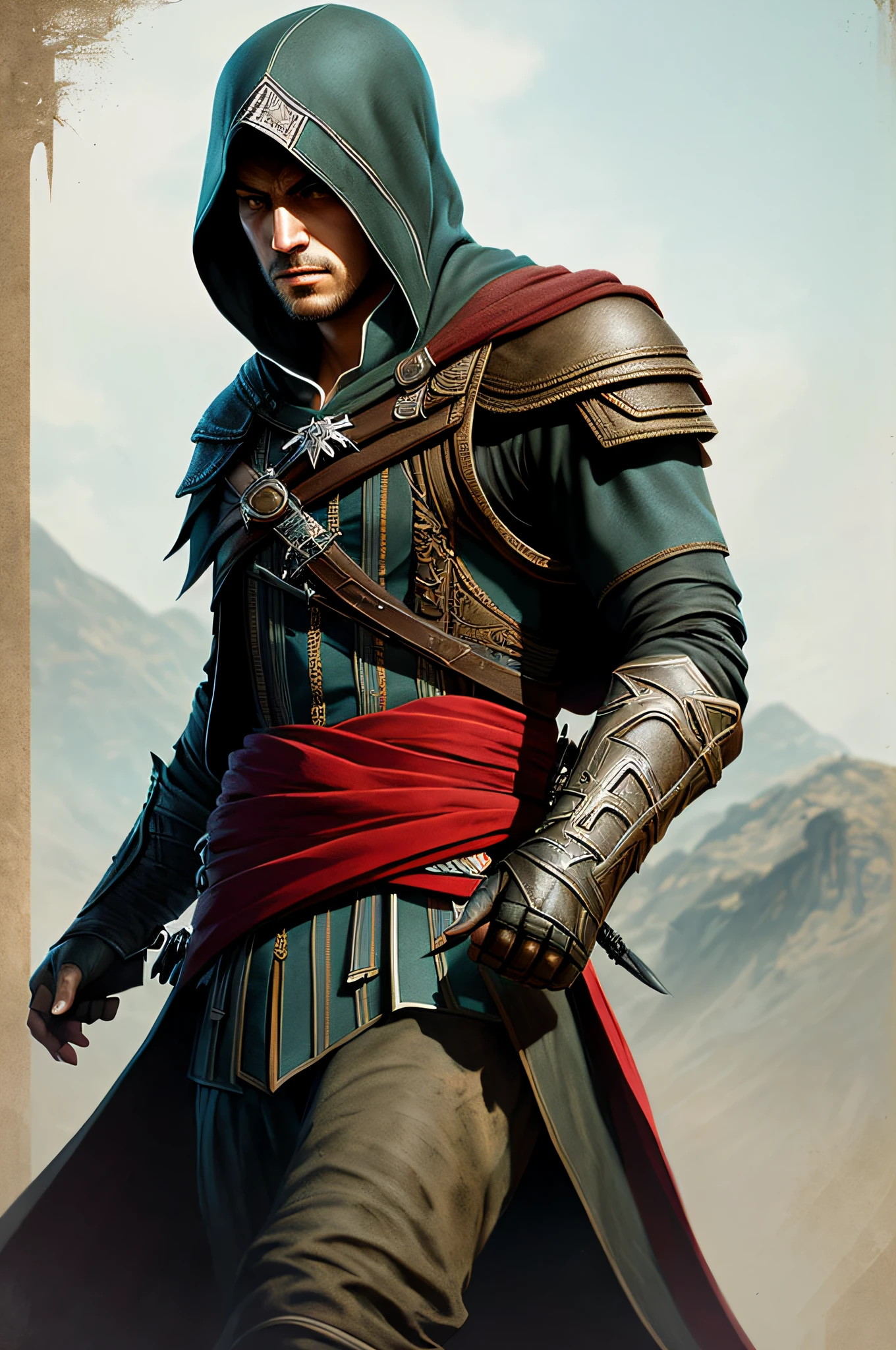 Assassin's Creed Mirage,VHS effect,(poster for:1.6),poster on wall,Nostalgia,filmposter,Western film(skin textures),intricately details,finely detailled,Hyper-detailing,Ray traching,sub surface scattering,diffused soft lighting,shallowdepthoffield,author:(Oliver Waite) CGSociety trends,复杂,high detal,Sharp focus,dramatics,The art of realist painting by Greg Rutkowski