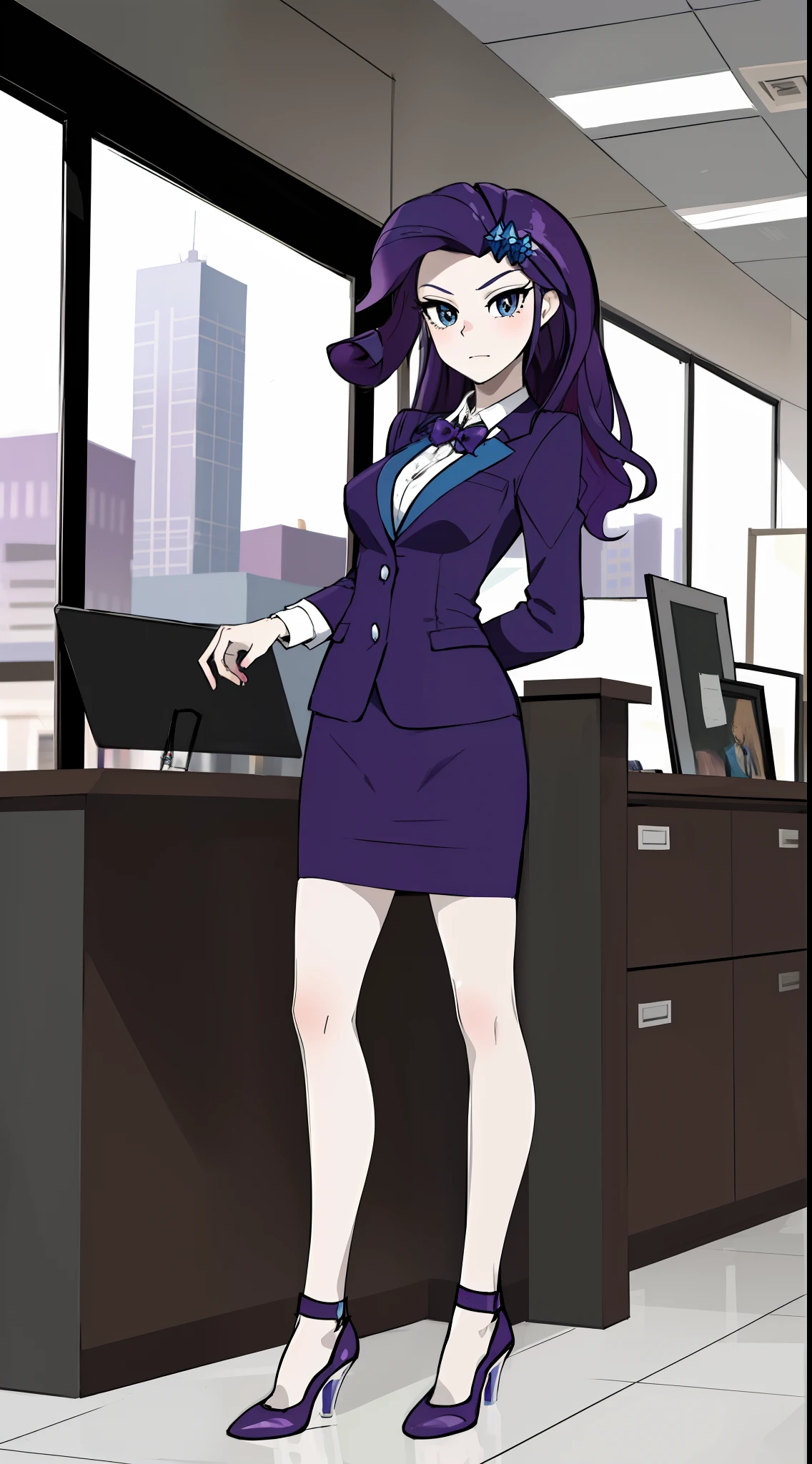 masterpiece,best quality,1girl,mlprarity,colored skin,hair ornament,purple hair,blue eyes,business suit,blazer, pencil skirt, high heels,posing,office, full body