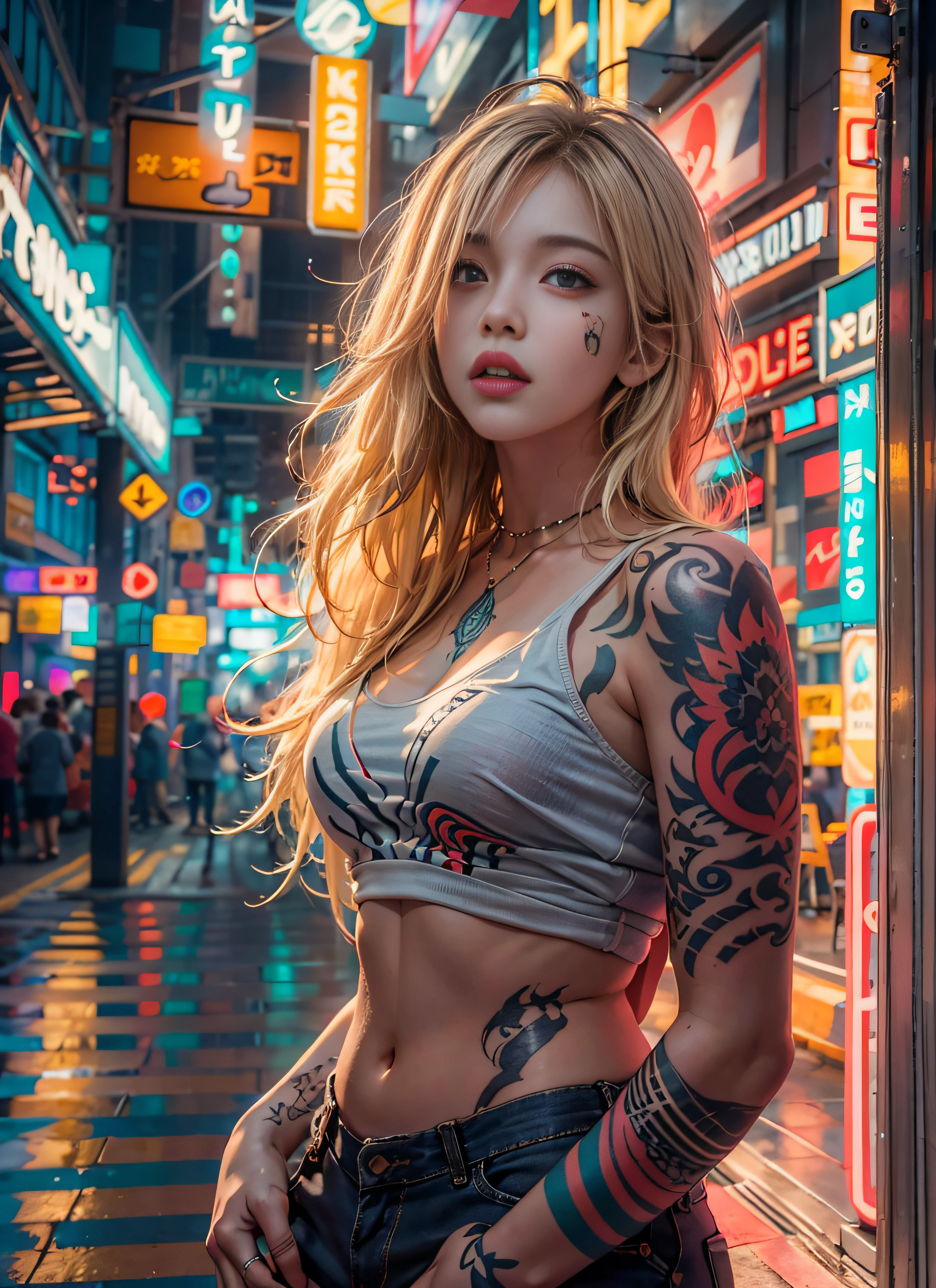 portrait photo ,photorealistic, high resolution, soft light,1women, solo, hips up, (detailed face),a woman with various tattoos and hair standing in neon city, colorful glowing lights around the background, blonde hair