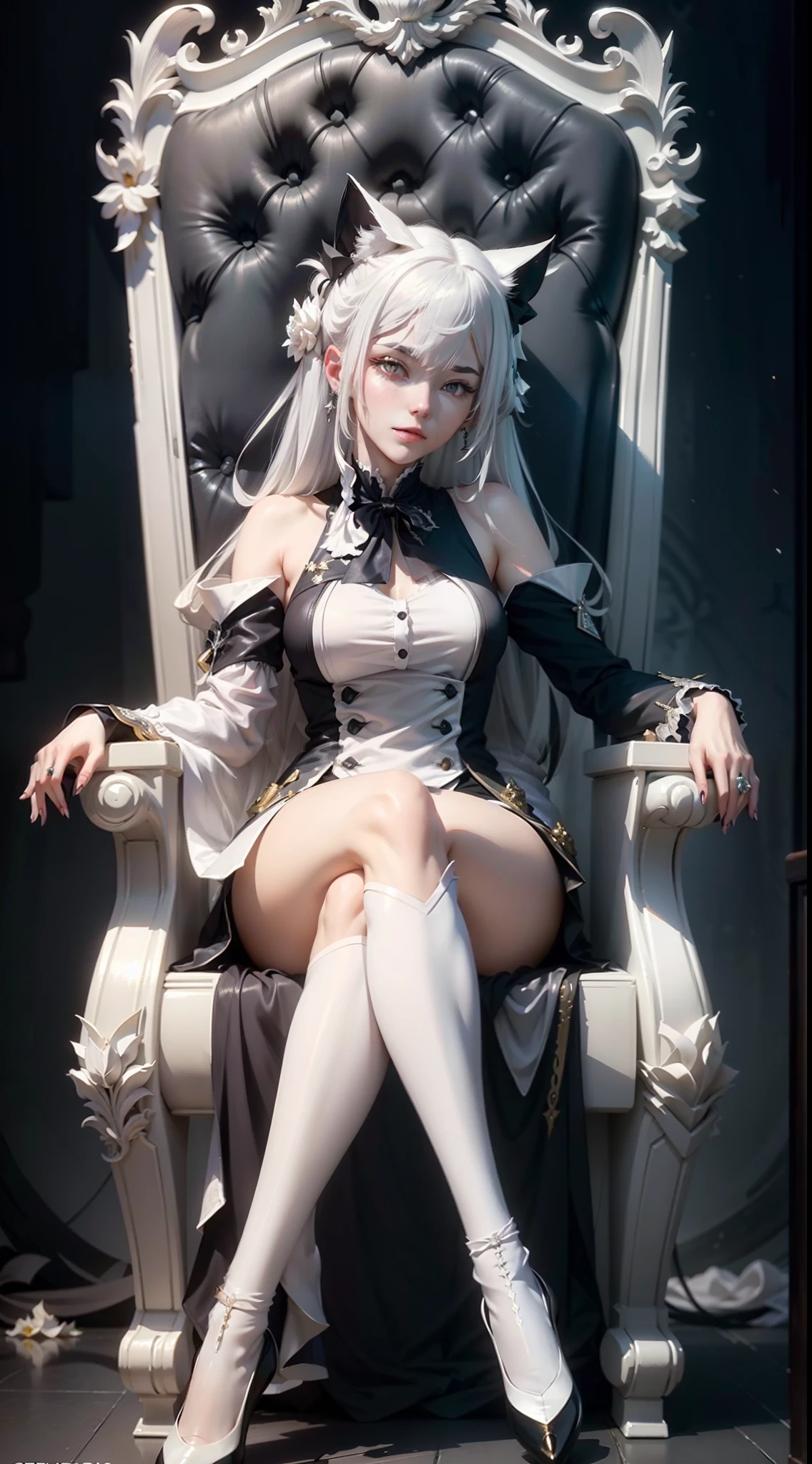 White-haired girl in white rabbit ears and black silk heels sitting on the throne,Pay attention to the harmony of the face,on her throne, sitting on her throne, trending on cgstation, elegant cinematic pose, Fine details. Girl Front, Kushatt Krenz Key Art Women, from girls frontline