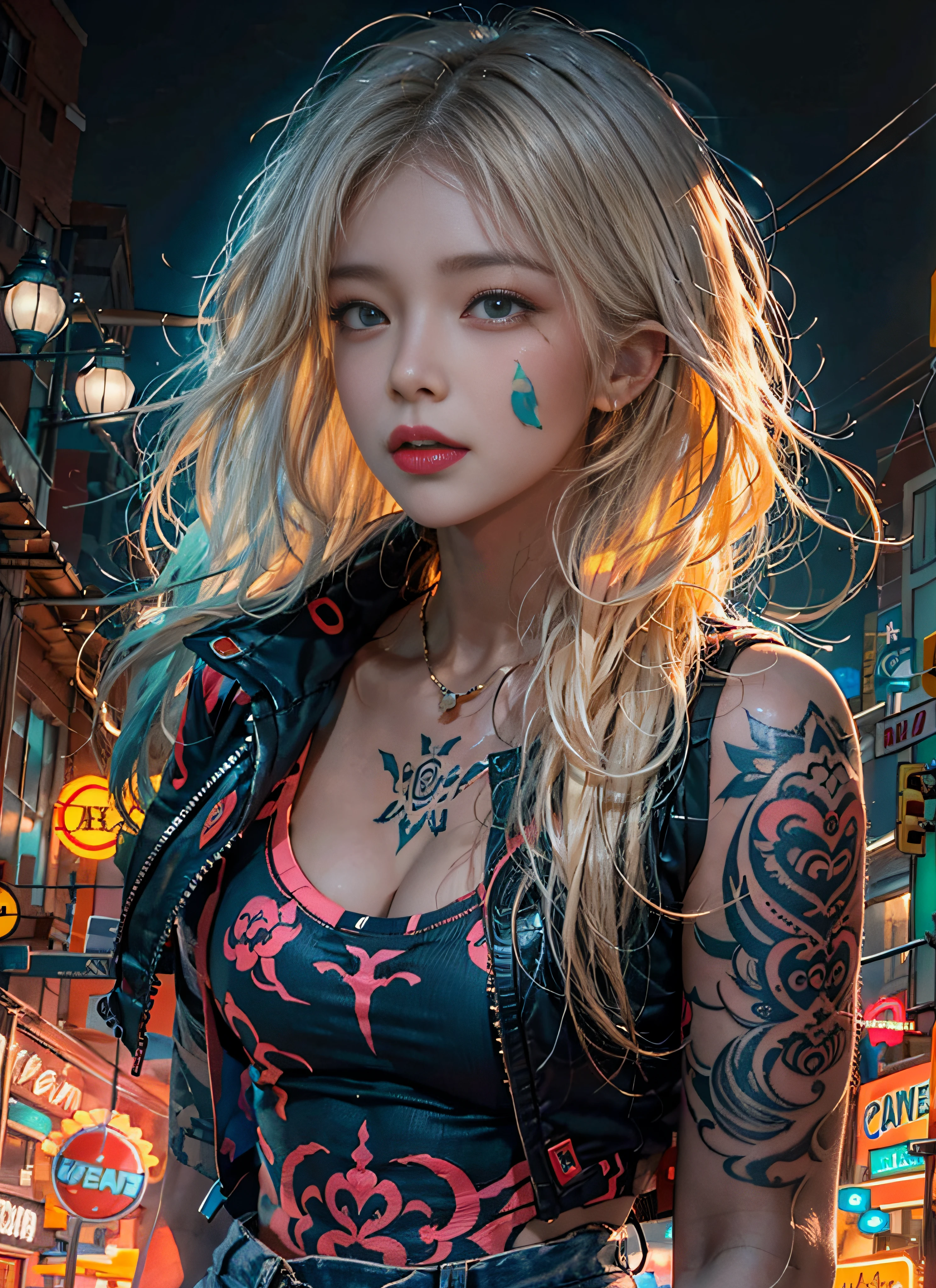 portrait photo ,photorealistic, high resolution, soft light,1women, solo, hips up, (detailed face),a woman with various tattoos and hair standing in neon city, colorful glowing lights around the background, blonde hair