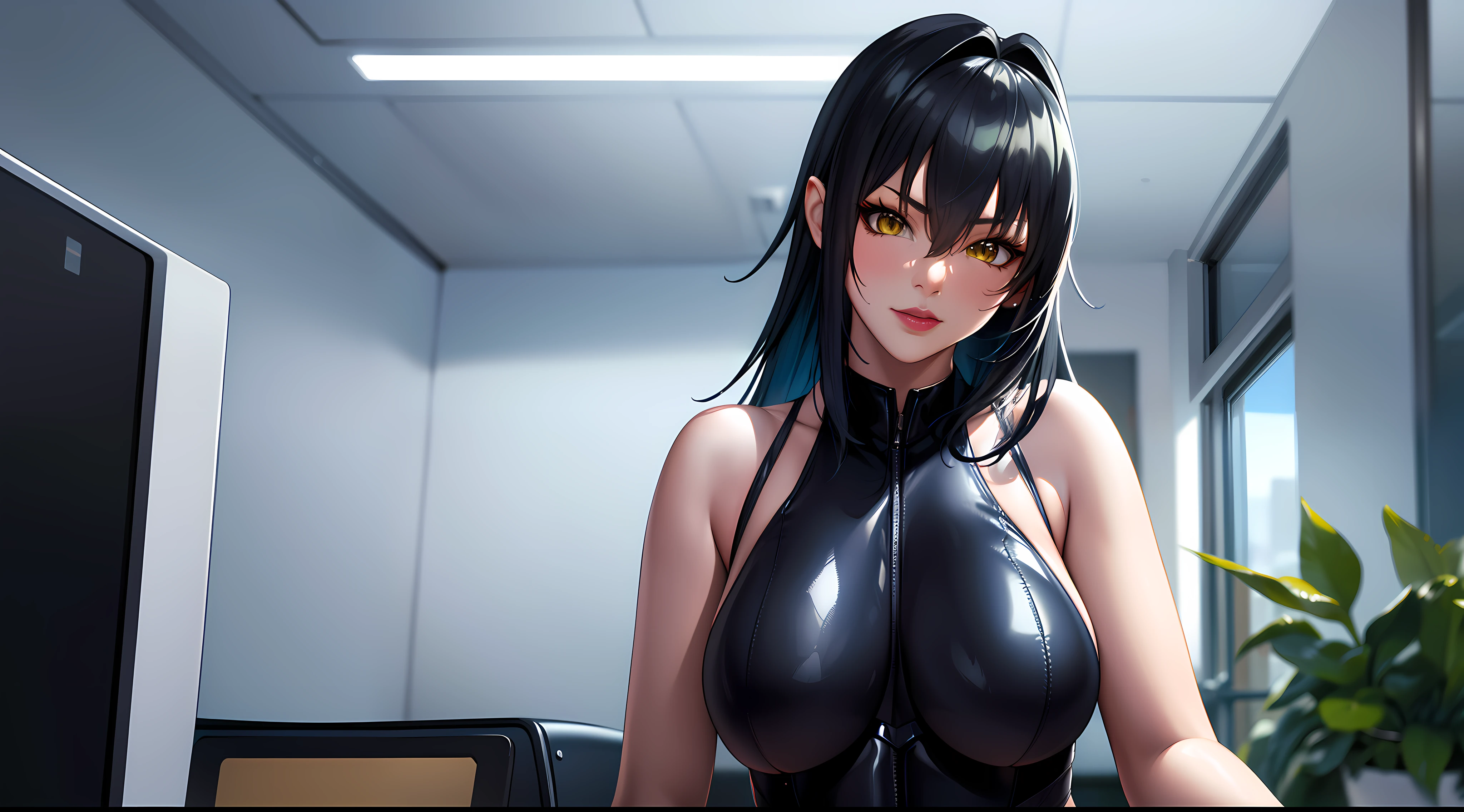 professional artwork, Intricate Details, field of view, sharp focus, detailed painting, photorealistic lighting, trending on pixiv,(masterpiece:1.0),(best_quality:1.0), ultra high res, ultra-detailed, photography, 8K, HDR, highres, absurdres:1.2, Kodak portra 400, film grain, sharp focus, bokeh:1.2, lens flare, (vibrant_color:1.2), (((indoors, office details))), Annerose, 1girl, female mature, black hair, long hair, (yellow eyes), ((leotard:1.4)), skin tight, hair intakes, (solo:1.4), (upper body, half body shot), seductive, (((seductive pose))),