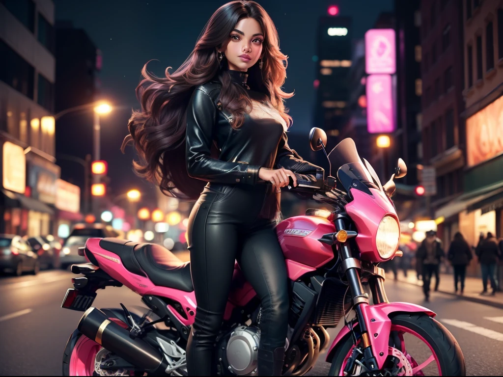 A brown skin girl with long hair, standing in front of a motorcycle 🏍️💨 in the city, sparkling simple make up, sparkling eyes, sparkling lips, sparkling, sparkling pink, sparkling black, a tall girl, high heel, wearing a trouser, night vision, flowers flying, hippie clothes