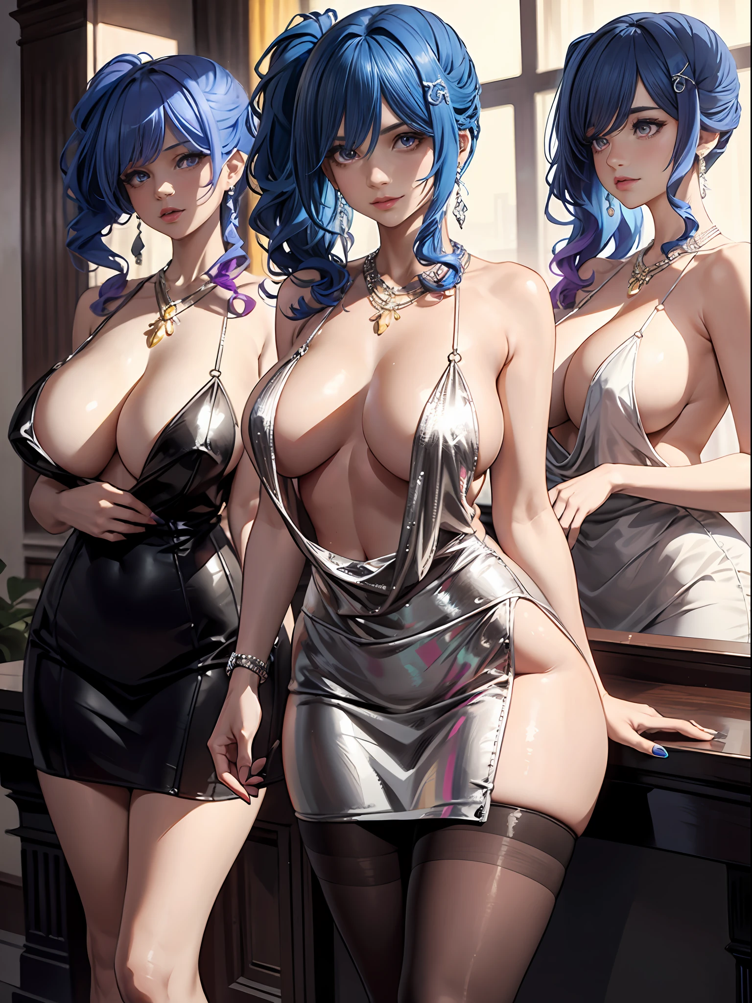 absurderes, 8K ,A high resolution, Ultra detailed, Beautiful, Masterpiece, Best quality, (Beautiful and delicate silver eyes), (3girl) ,Three sexy beautiful s in office OL (Office Lady),white button-down blouse,There is a collar,Black Slit Skirt,(Black pantyhose),Long legs ,Detailed legs,High heels,Side ponytail , bangs,full bodyesbian,Big breasts,cleavage,Cyan hair,Blue hair,Pink hair,