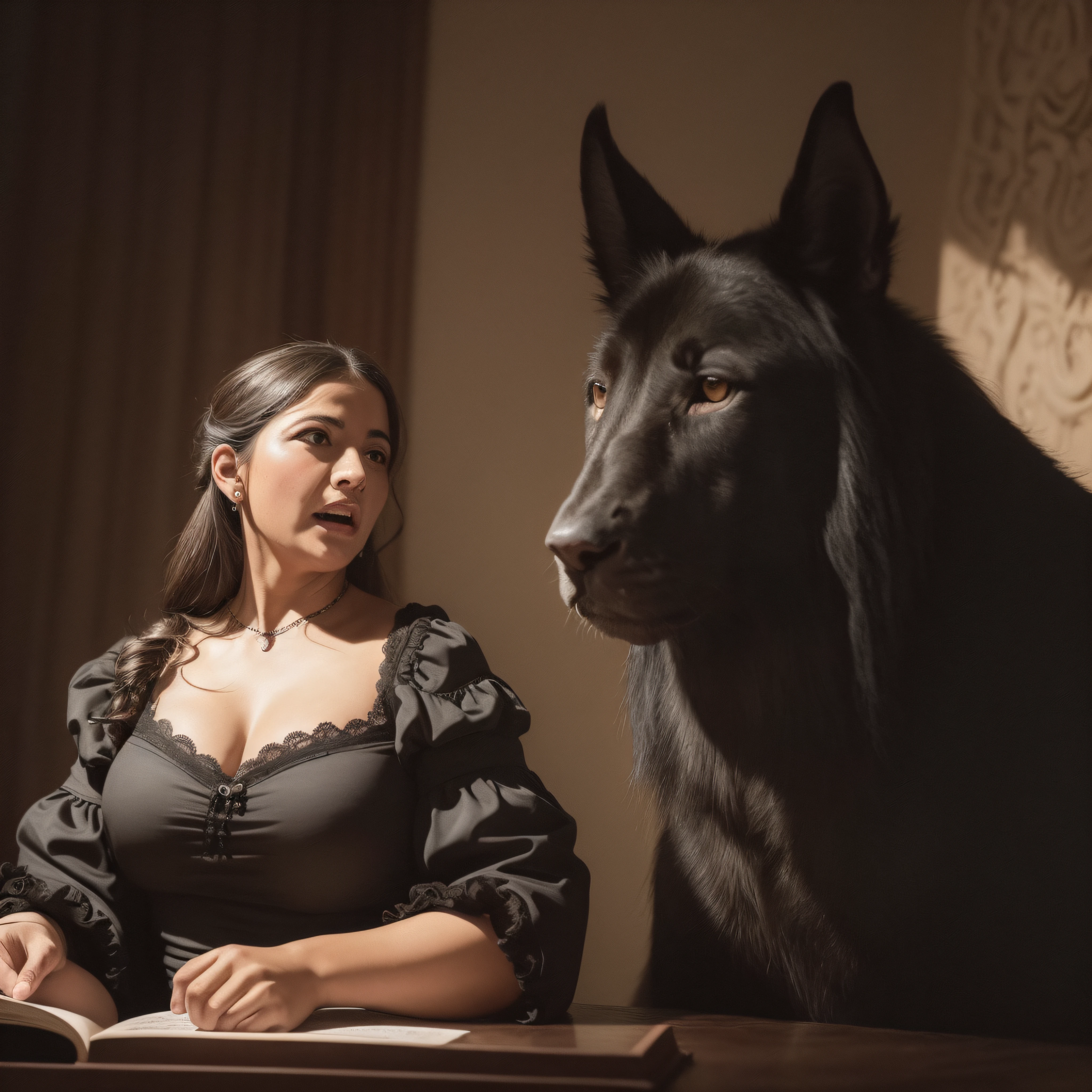 (extremadamente detallado, obra maestra, La mejor calidad), Estilo oscuro, intense illumination, mujer abrazando un monstruo grande, Ecstatic face. manchas de tinta. Rococo composition. Luz de caravaggio