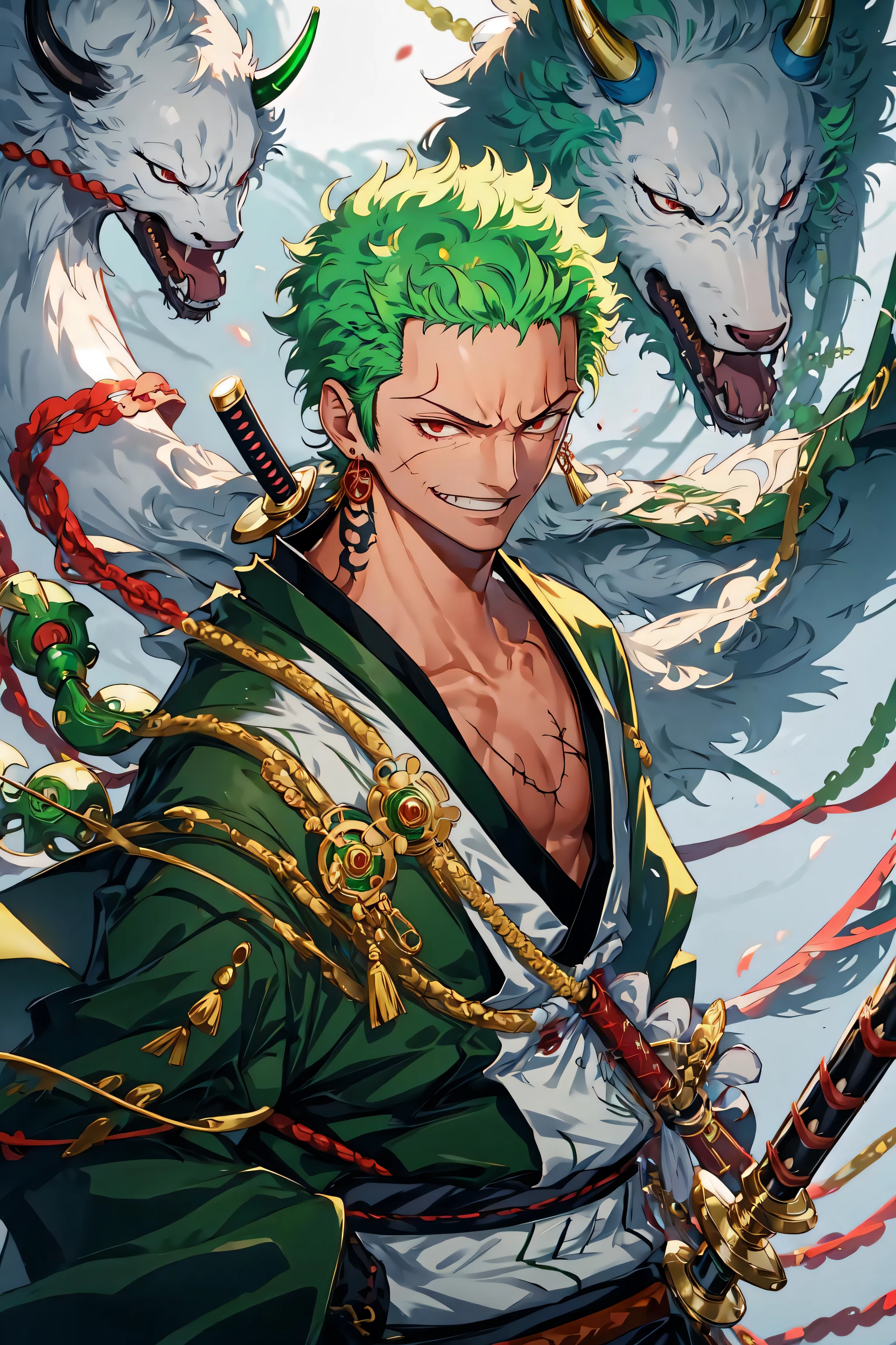zoro, solo, looking at viewer, smile, short hair, red eyes, 1boy, holding, jewelry, upper body, weapon, male focus, earrings, japanese clothes, green hair, horns, sword, kimono, holding weapon, from side, tattoo, glowing, scar, holding sword, katana, scar on face, scar across eye