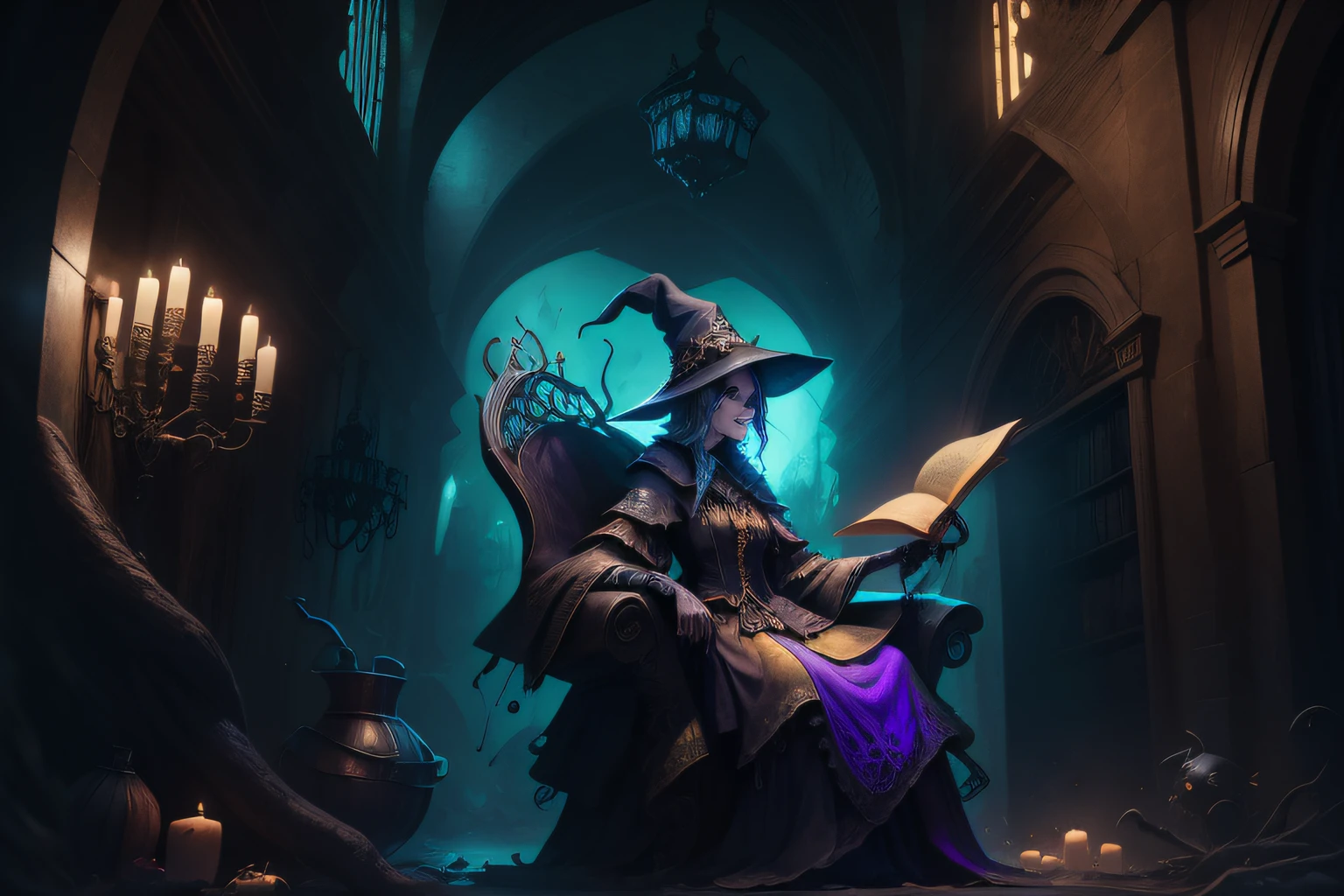 An old witch sitting in a calddirao chair in the background and she's holding a sonyster crow