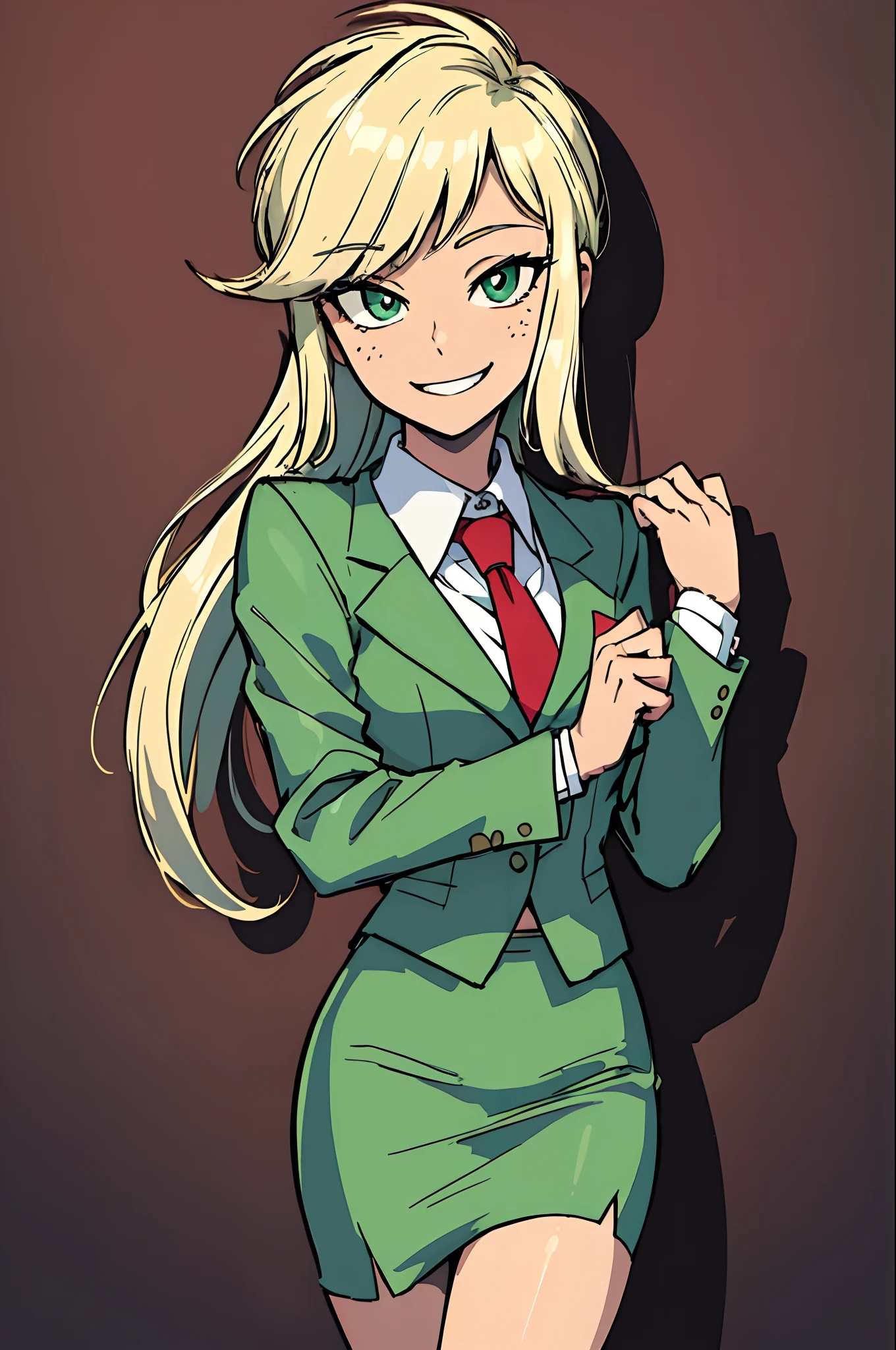 (masterpiece, best quality:1.2), cowboy shot, solo, 1girl, mlpapplejack, smile, looking at viewer, low-tied long hair, business suit, blazer, pencil skirt