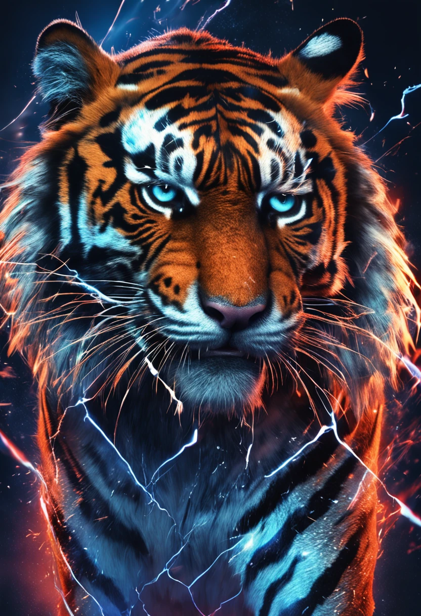 humanoid monster, tiger similar,  reflection on the mirror, rage, power, strong, chaos, sparkly, blue tiger, aura, giant fangs, fire eyes,