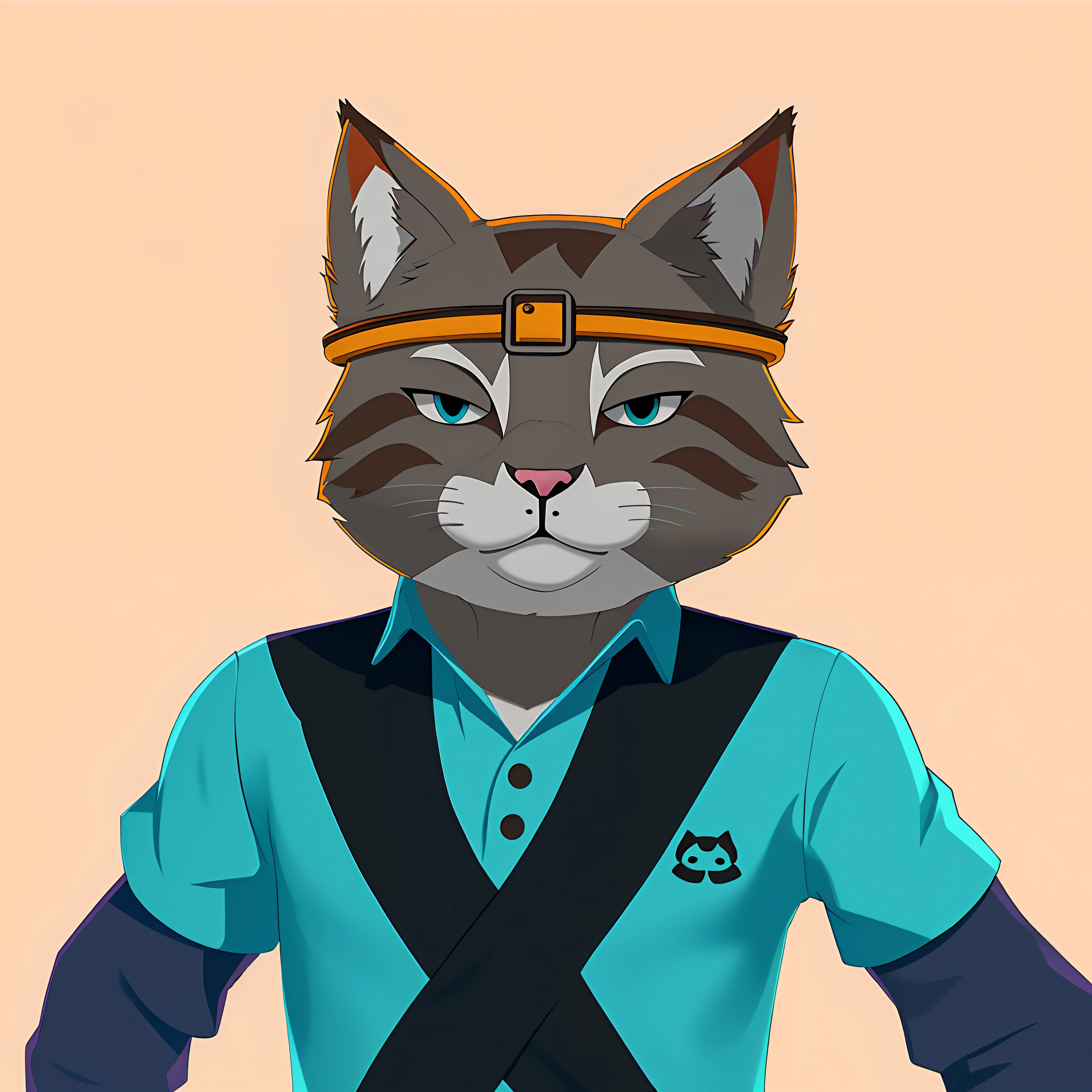 There is a cat wearing a blue shirt and a black belt, Retrato de personagem peludo, um Clube do Gato, Retrato de um clube, ninja do Clube do Gatomorfo, Clube do Gato, Fursona usando roupas estilosas, sem linha, Gatopomórfico Club, Commission for High Res, personagem peludo, Retrato de uma raposa antro, official character illustration