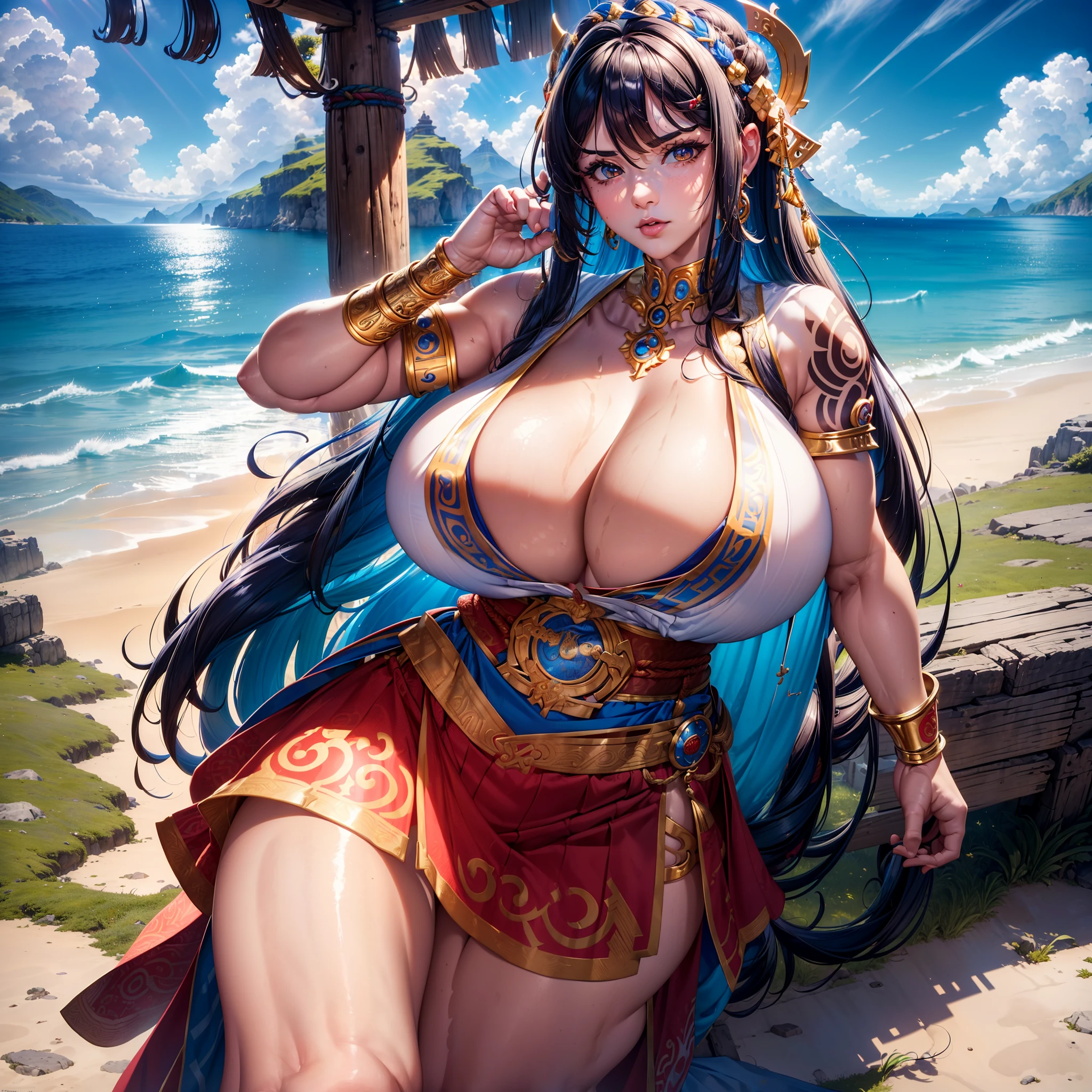 (Masterpiece) (best quality) Un legendario y hermoso guerrero vikingo lleva un hacha impresionante y un gran escudo redondo. She is in an open-air temple in a clearing., Windy day. Ella es muy hermosa, algo musculoso, wearing runic tattoos all over his body. (((Only one woman))) ((Big breasts))