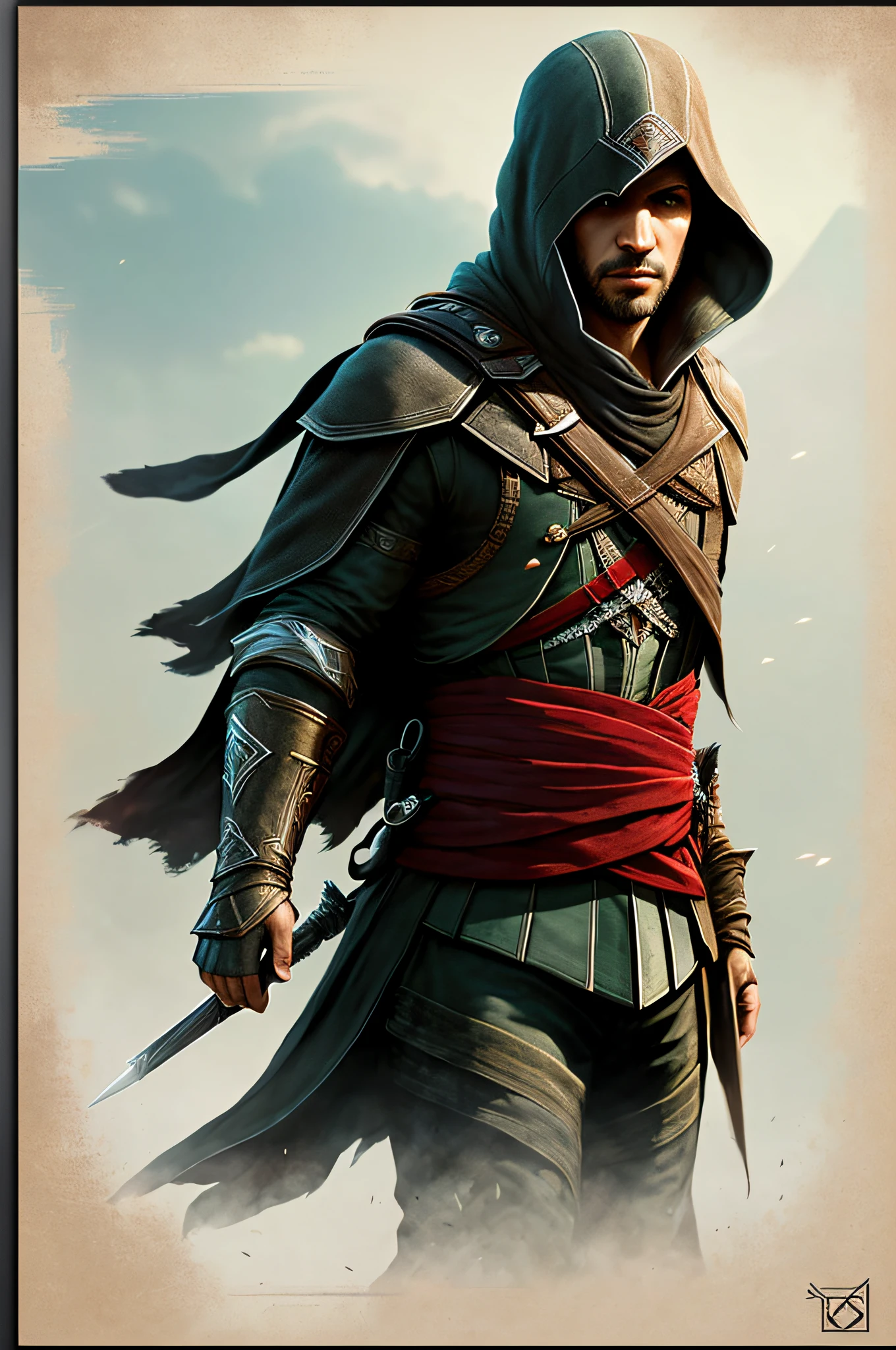 Assassin's Creed Mirage，VHS effect，（poster for：1.6），poster on wall，Nostalgia，filmposter，Western film（skin textures），intricately details，finely detailled，Hyper-detailing，Ray traching，sub surface scattering，diffused soft lighting，shallowdepthoffield，author：（Oliver Waite） CGSociety trends，复杂，high detal，Sharp focus，dramatics，The art of realist painting by Greg Rutkowski