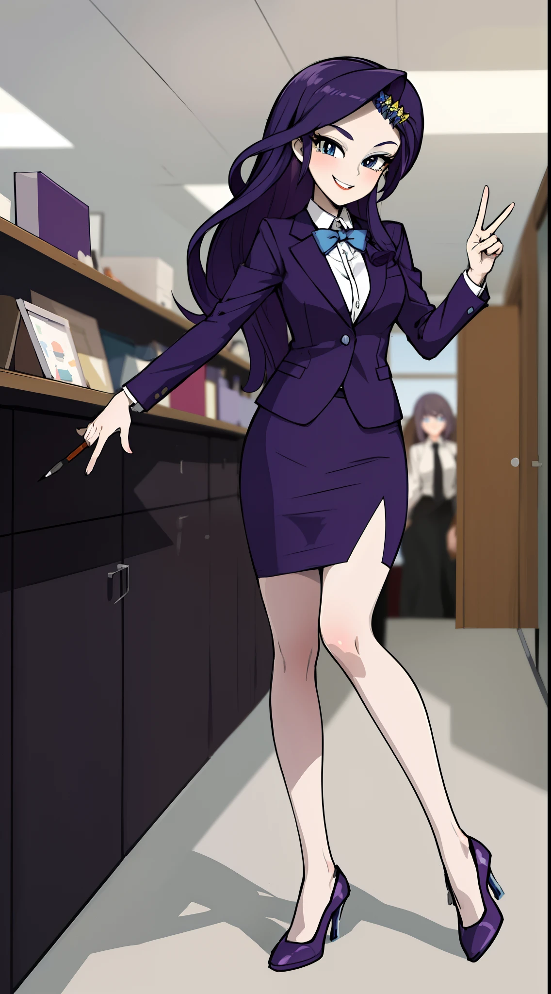 masterpiece,best quality,1girl,mlprarity,colored skin,hair ornament,purple hair,blue eyes,business suit,blazer, pencil skirt, high heels,posing,office, full body, smile