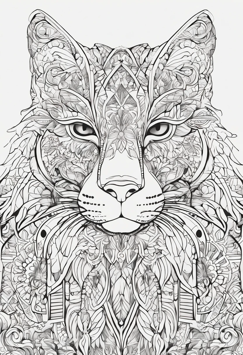 gato com linhas fortes e arrojadas, fundo branco, coloring page, estilo de desenho a ser colorido, fundo branco com fundo mandalas para ser colorido, super detailed and crisp lines and drawings. tudo preto e branco.