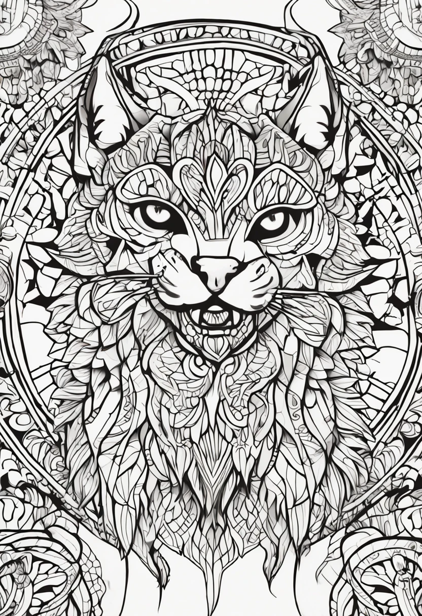 gato com linhas fortes e arrojadas, fundo branco, coloring page, estilo de desenho a ser colorido, fundo branco com fundo mandalas para ser colorido, super detailed and crisp lines and drawings. tudo preto e branco.