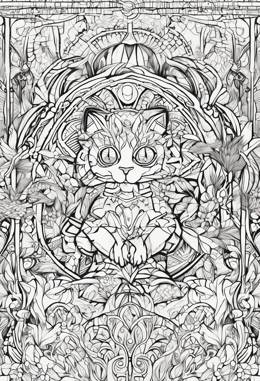 gato com linhas fortes e arrojadas, fundo branco, coloring page, estilo de desenho a ser colorido, fundo branco com fundo mandalas para ser colorido, super detailed and crisp lines and drawings. tudo preto e branco.