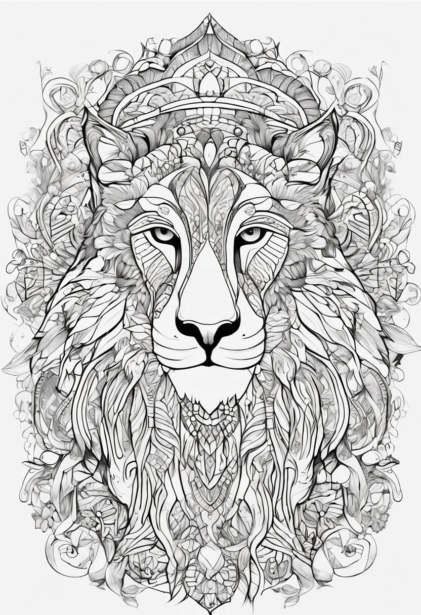 gato com linhas fortes e arrojadas, fundo branco, coloring page, estilo de desenho a ser colorido, fundo branco com fundo mandalas para ser colorido, super detailed and crisp lines and drawings. tudo preto e branco.