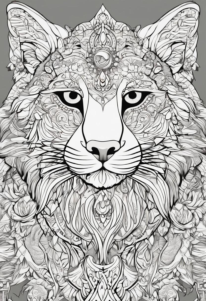 gato com linhas fortes e arrojadas, fundo branco, coloring page, estilo de desenho a ser colorido, fundo branco com fundo mandalas para ser colorido, super detailed and crisp lines and drawings. tudo preto e branco.