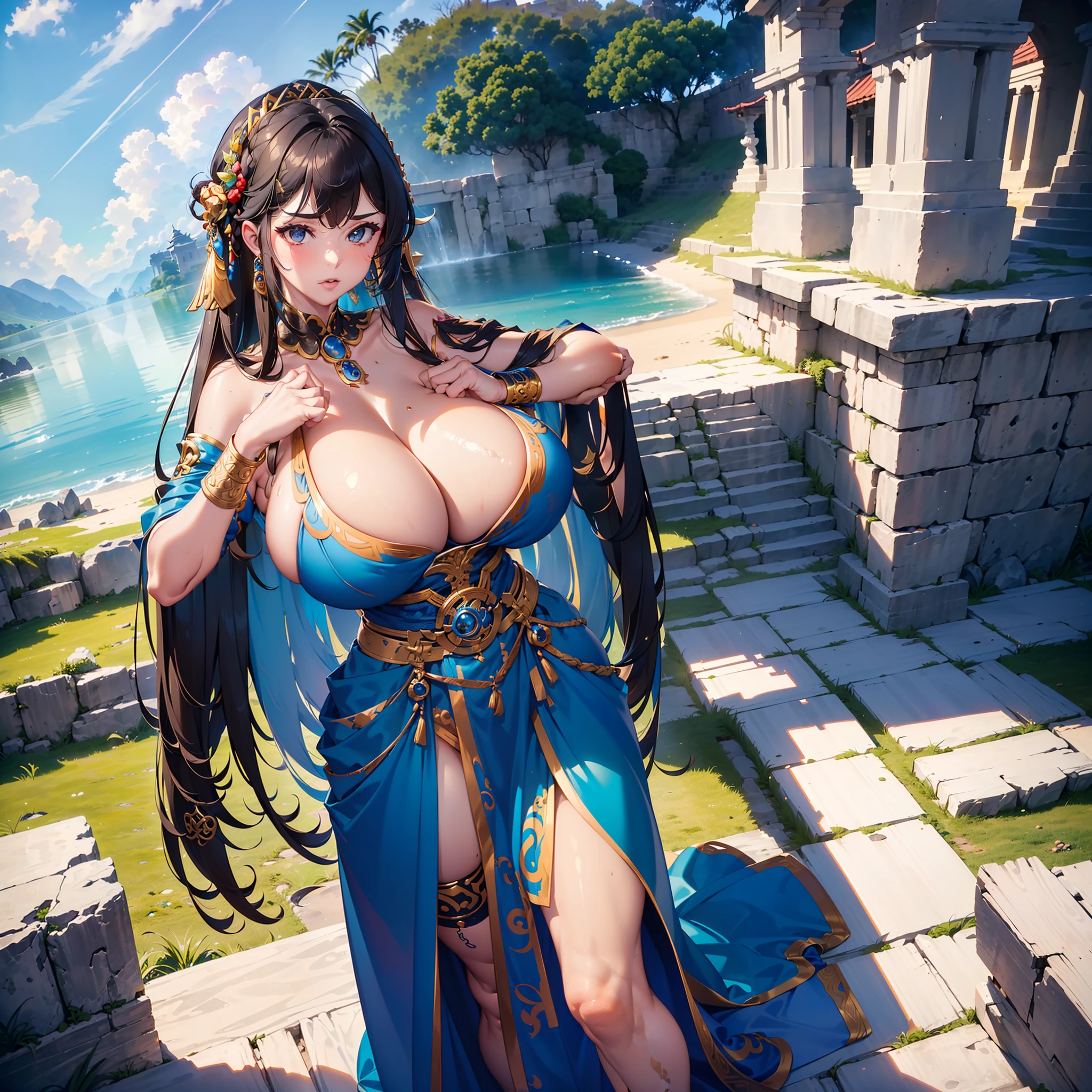 (Masterpiece) (Best quality) Un legendario y hermoso guerrero vikingo lleva un hacha impresionante y un gran escudo redondo. She is in an open-air temple in a clearing., Windy day. Ella es muy hermosa, algo musculoso, wearing runic tattoos all over his body. (((Only one woman in the imagen))) ((Big breasts))