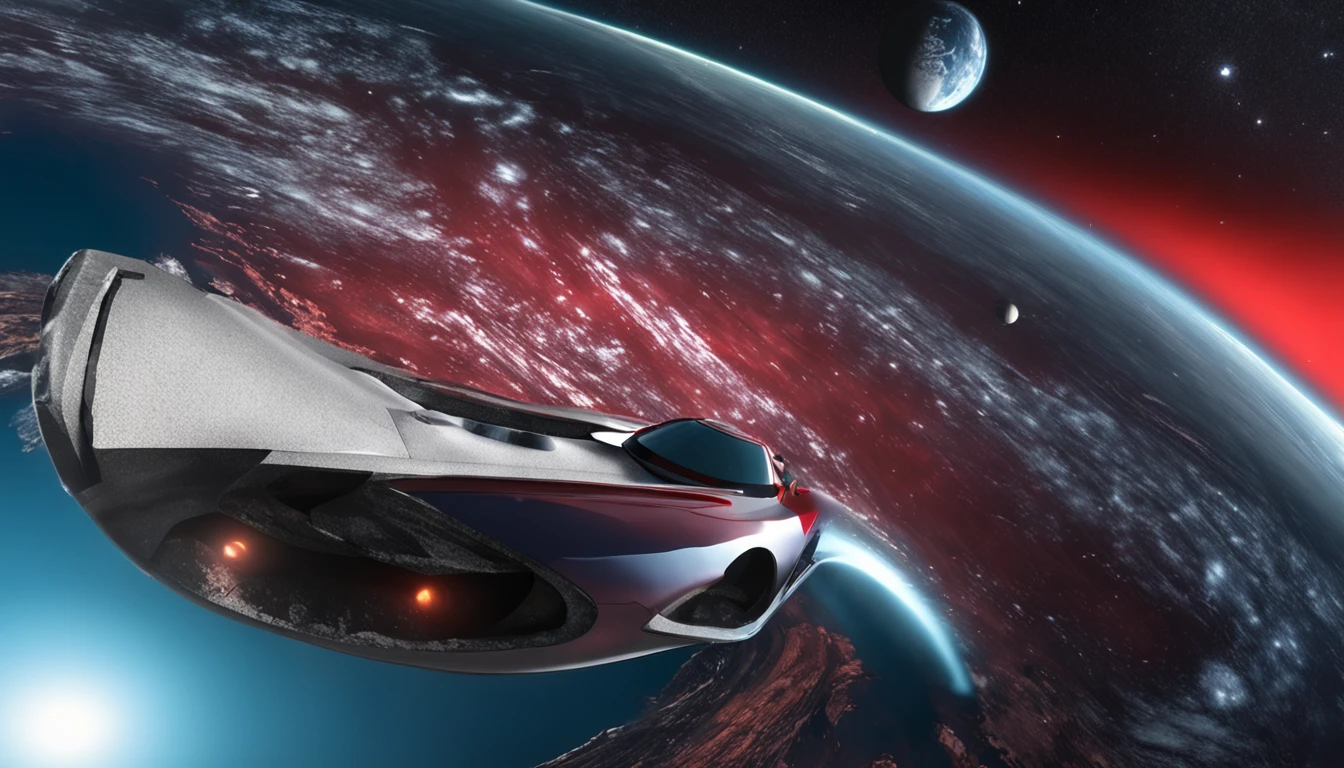 a space art Galactic Landscape, Costa, sky with big red planet , arte conceitual, vetor, alta qualidade, Viewing great detail, Motor irreal, octane rendering, Ultra alta qualidade, ultra high-resolution, surreal, Cor Correta, Good Lighting Settings, good composition, bordas afiadas, harmonious composition, ultra precise, master part, Trabalho premiado, plantas definidas, perfect composition, planeta circular bem definido, com um carro preto e vermelho futurista em frente a paisagem, carro preto e vermelho estacionado no planeta,