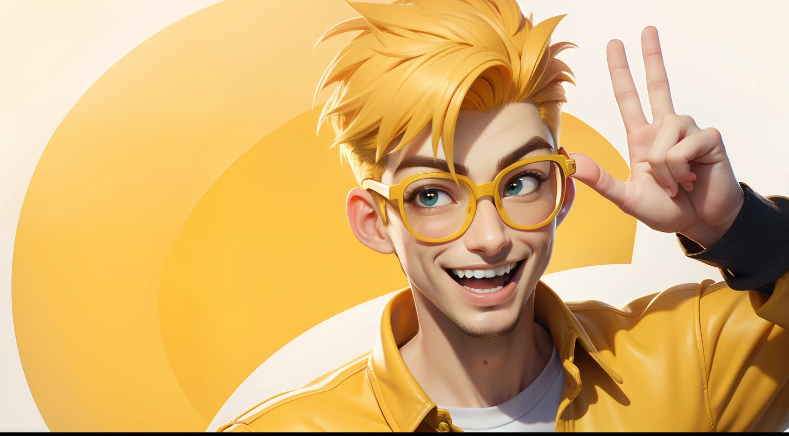 man with yellow quiff hair, wearing round glasses, yellow clothes, waving, happy expression,white background,style of a Disney Pixar cartoon