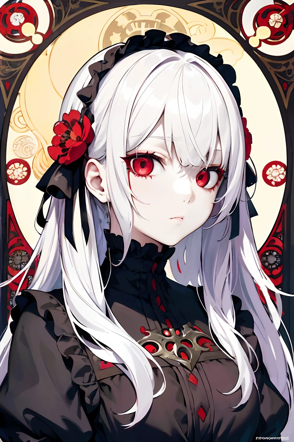 Gothic portrait,White hair and red eyes,Blood Clan,pale-skinned,Floral frame,Decorative panels,abstract artistic,Alphonse Mucha(tmasterpiece,best qualtiy,A high resolution:1.4),A detailed,complexdetails,4K,splash of color,Line art,Fibonacci,