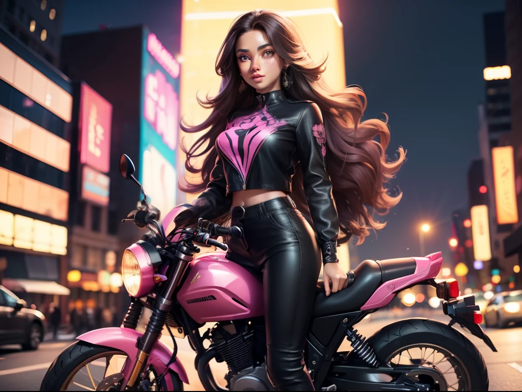 A brown skin girl with long hair, standing in front of a motorcycle 🏍️💨 in the city, sparkling simple make up, sparkling eyes, sparkling lips, sparkling, sparkling pink, sparkling black, a tall girl, high heel, wearing a trouser, night vision, flowers flying, hippie clothes