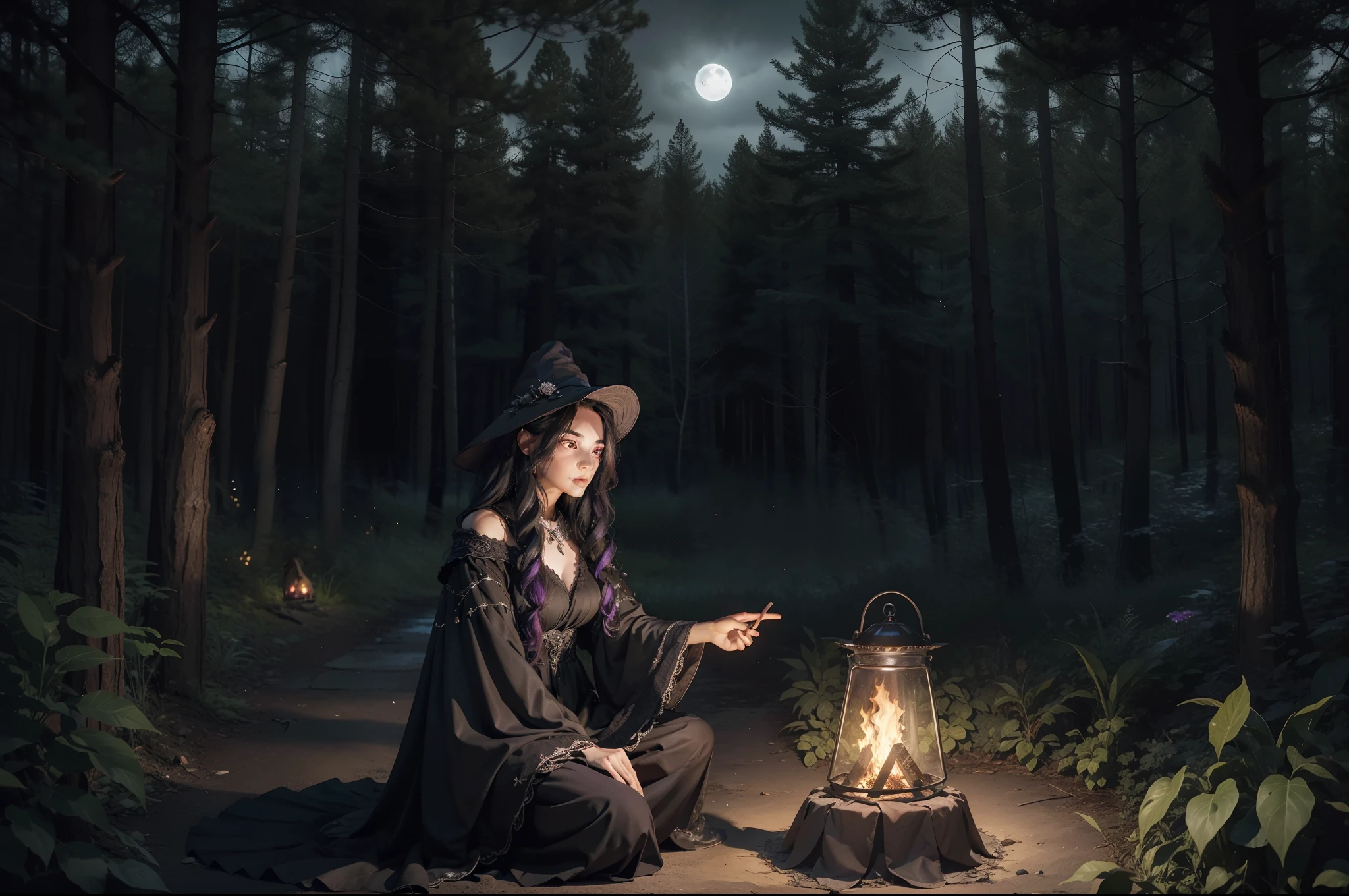 A witch in a garden in the woods. She cooks a magic potion on a big cauldron over a camp fire. She wears a multilayered dress black and dark purple fabric with silver embellishments. Long messy wavy hair in dark colour, big dark pointed ha. She is surrounded by a swarm of varieties moths and bats of different shapes and tones. Dynamic image. Magical dark flowery forest as background, night, stormy, moonlight filtering through the trees. Realistic.