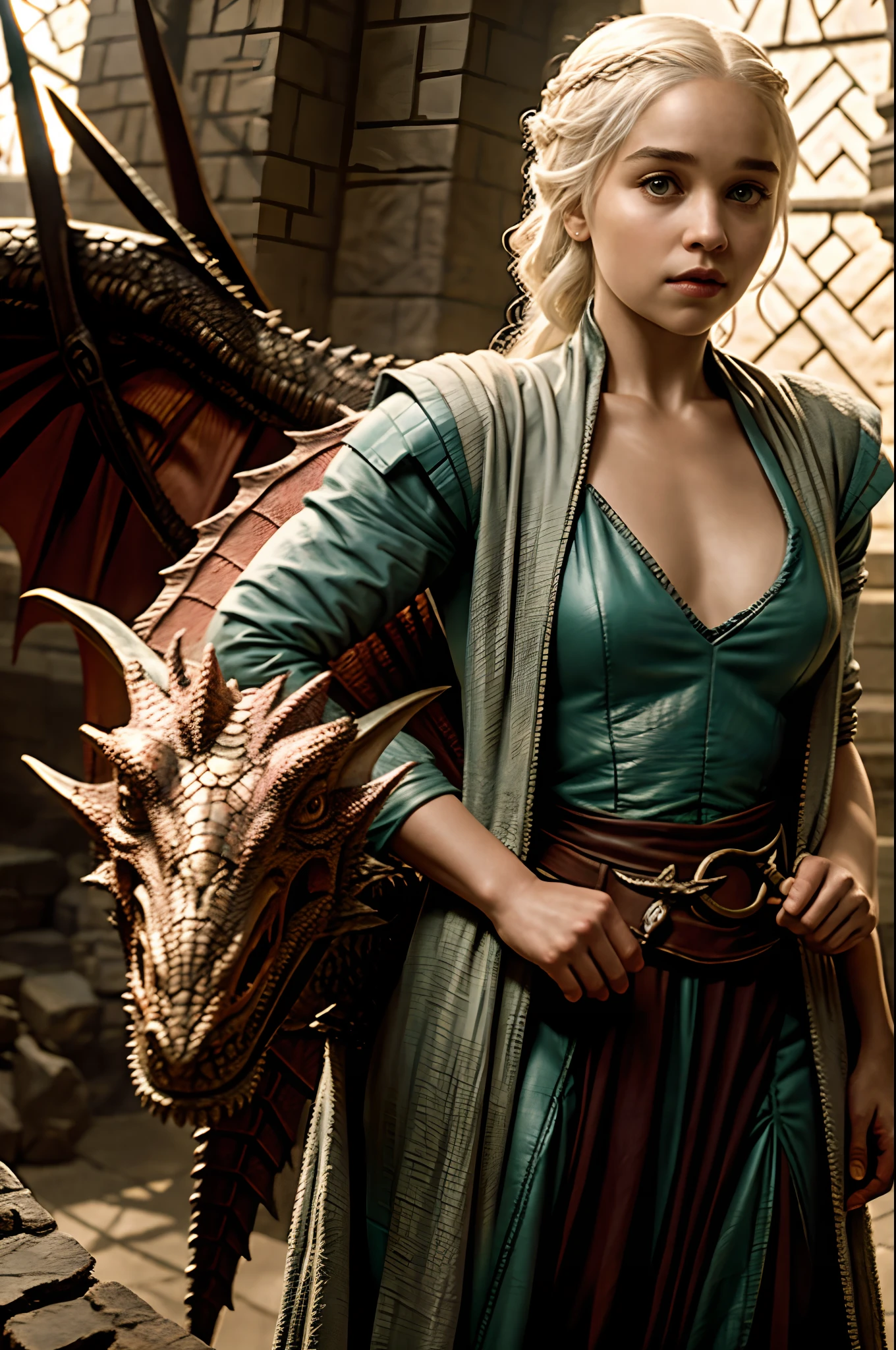 Daenerys Targaryen with dragon :: Game of thrones, George R.R. Martin, ultra-wide shot, photorealistic, studio lighting, shot Phase One, ISO 100, 4K, in the style of Diego Rivera, photo by David Lachapell