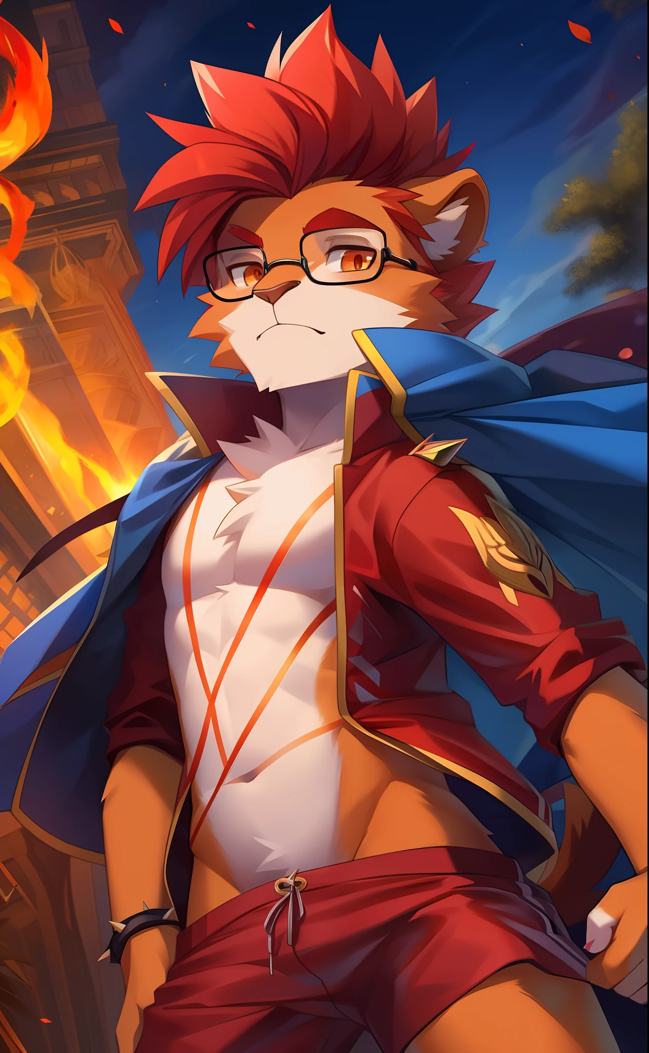 furry shota, lion, red hair, spiky hairstyle, fire hair, orange eyes, glasses, detailed body fur, red jacket, open clothes, blue swim trunks, prince crown, flat body, masterpiece, looking at you, two tone body fur, orange body fur, clear orange body fur, detailed face, big eyebrows, detailed eyes, detailed body, detailed hands, glistering body, skinny,