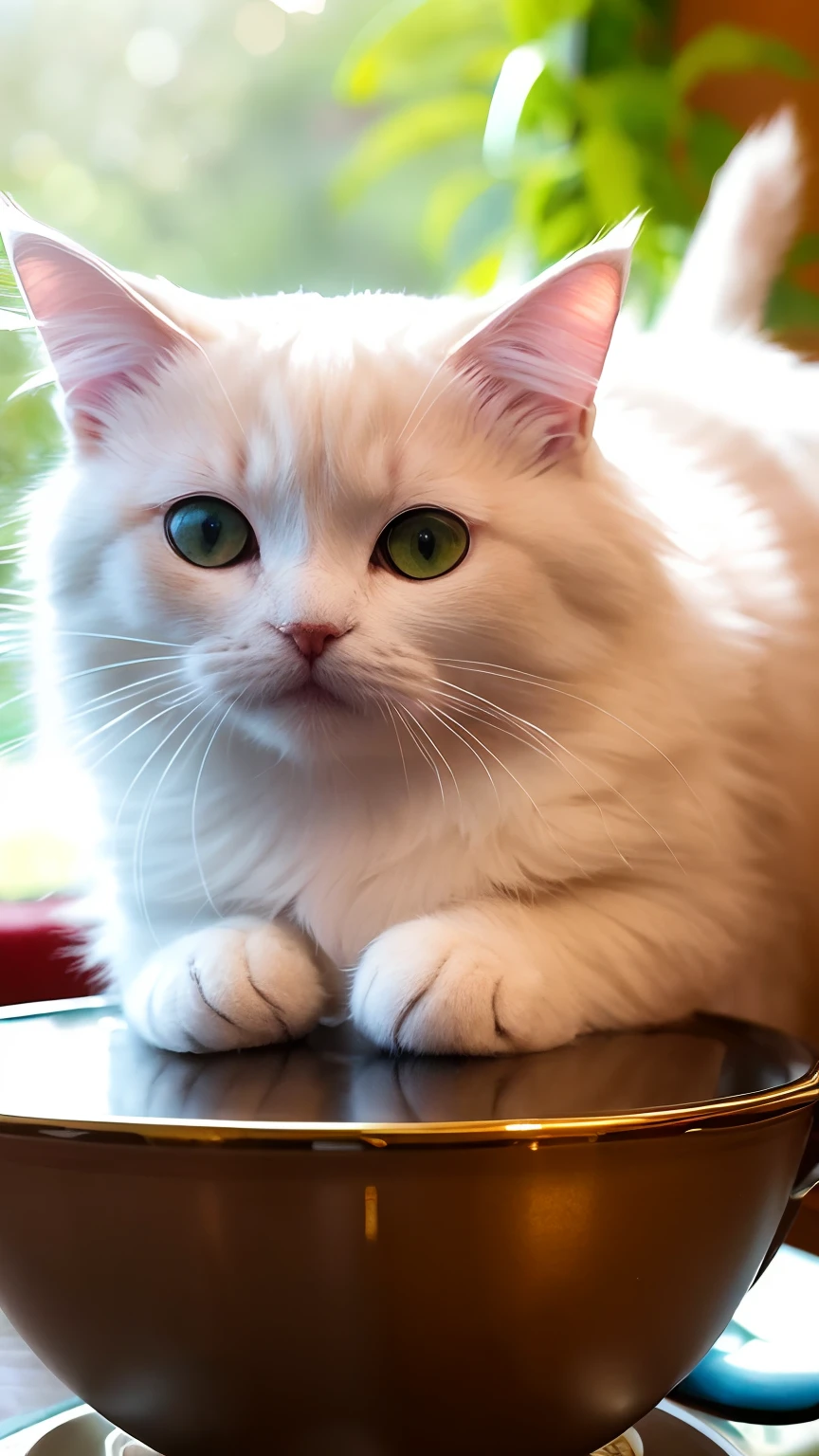 Cat, (Himalayan), (Small)))), in a teacup, Face, Front paws out, 8K, Professional photo, Delicate, Clear, On the table, Inside the house, Sunshine, Light Leak, Masterpiece, ((Pretty))), Fashionable Teacup, (Reality), Plush Toy, Round Pupils