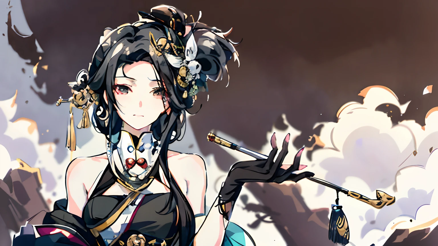 Anime girl with pipe and feather hat, Guviz-style artwork, from girls frontline, Detailed fanart, highly detailed exquisite fanart, digital art of an elegant, ((wearing aristocrat robe)), black-haired mage, anime moe art style, royal elegant pose, romanticism lain, Anime girl wearing black dress