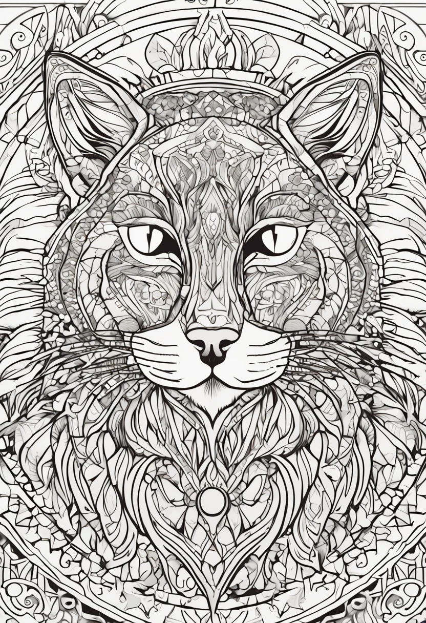 gato vira lata, gato em mandalas, gato para colorir, com linhas fortes e arrojadas, fundo branco, coloring page, estilo de desenho a ser colorido, fundo branco com fundo mandalas para ser colorido, super detailed and crisp lines and drawings. tudo preto e branco.