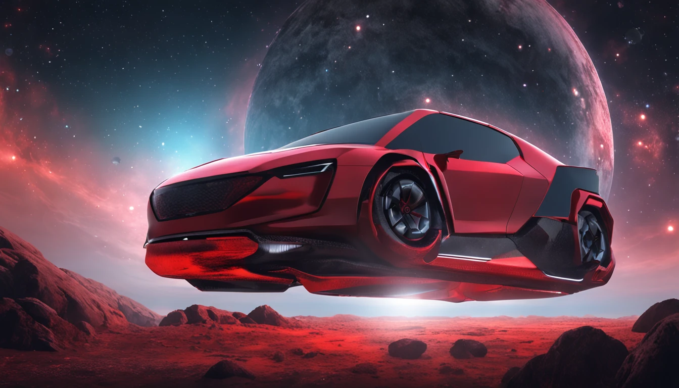 a space art Galactic Landscape, Costa, sky with big red planet , arte conceitual, vetor, alta qualidade, Viewing great detail, Motor irreal, octane rendering, Ultra alta qualidade, ultra high-resolution, surreal, Cor Correta, Good Lighting Settings, good composition, bordas afiadas, harmonious composition, ultra precise, master part, Trabalho premiado, plantas definidas, perfect composition, planeta circular bem definido, com um carro preto e vermelho futurista em frente a paisagem, carro preto e vermelho estacionado no planeta,