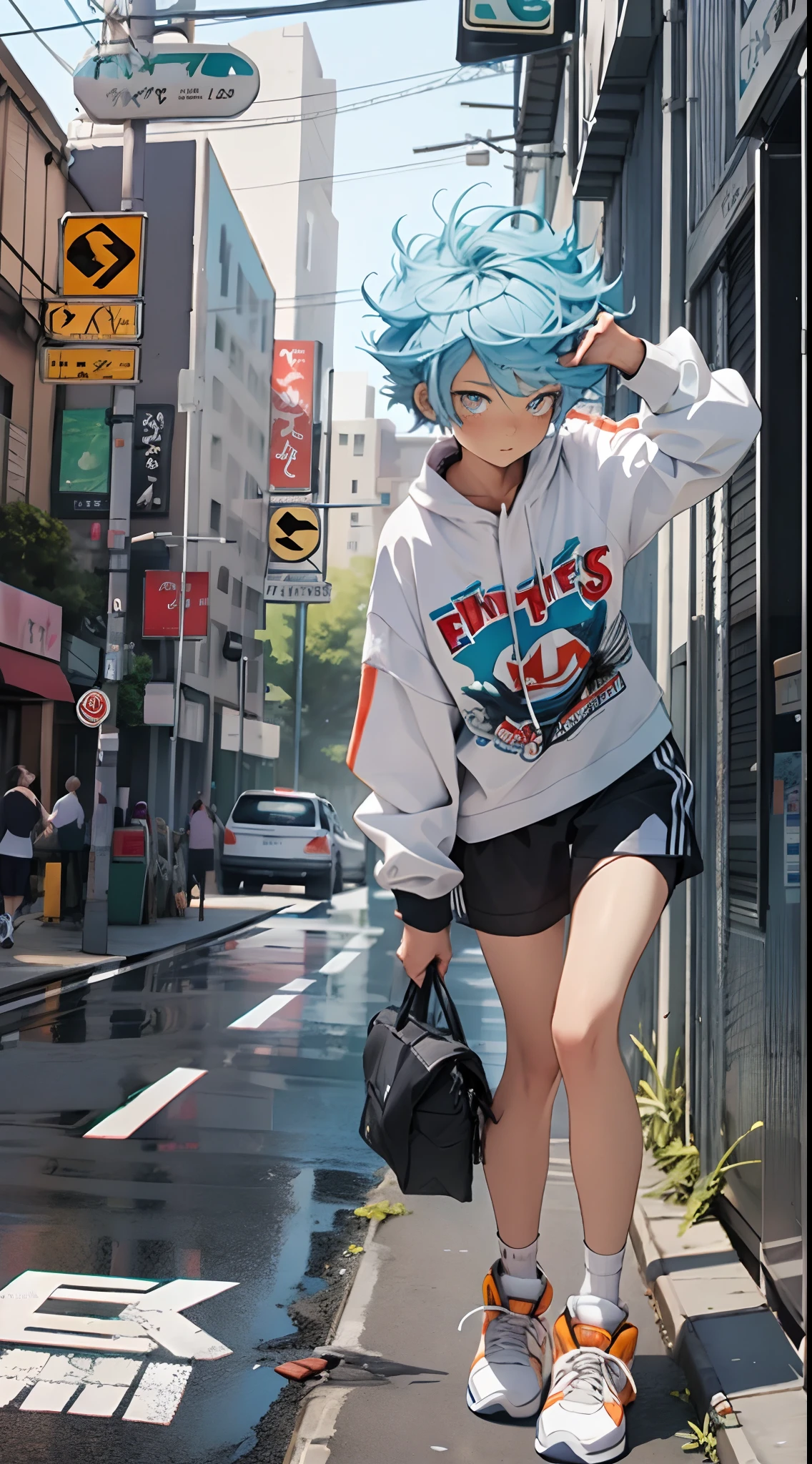 one-girl，light blue  hair，gray pupil，Stretch your body，baggy clothes，Black cotton socks，athletic sneakers