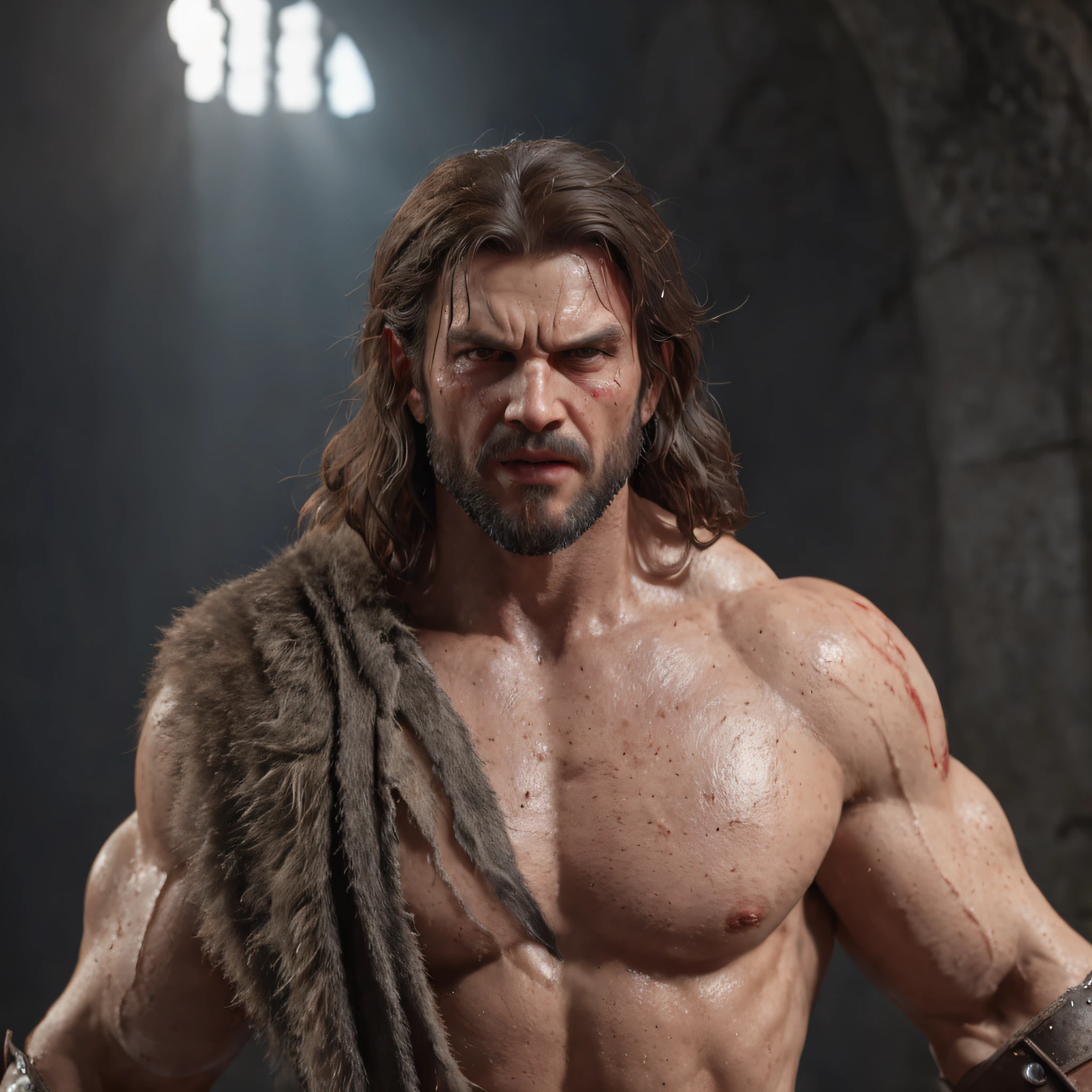 (professional 3d render:1.3) af (Realistic:1.3) most beautiful artwork photo in the world,Features soft and shiny male heroes, ((Epic hero fantasy muscle man rough wet hero angry look long hair short beard and ferocious expression in dynamic pose, Fantastic location, Majestic cluttered environment)), full body 8k unity render, action shot, skin pore, very dark lighting, heavyshading, Detailed, Detailed face, (vibrant, photograph realistic, Realistic, Dramatic, Dark, Sharp focus, 8K), (Old leather garments damaged by weathering:1.4), ((((Wear fur)))), (Intricate:1.4), decadent, (Highly detailed:1.4), Digital painting, rendering by octane, art stations, concept-art, smooth, Sharp focus, illustration, Art germ, (loish:0.23), wlop ilya kuvshinov, and greg rutkowski and alphonse mucha gracias, (Global illumination, Studio light, volumettic light), heavy rain, particles floating, lotr, fantasy, elf, full bodyesbian, ((Dark and ancient city background:1.3)),CGSesociety,art stations