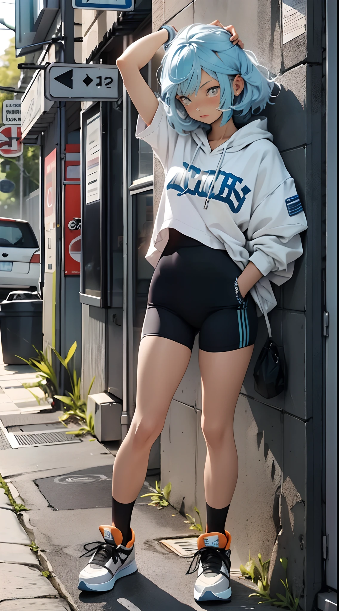 one-girl，light blue  hair，gray pupil，Stretch your body，baggy clothes，Black cotton socks，athletic sneakers