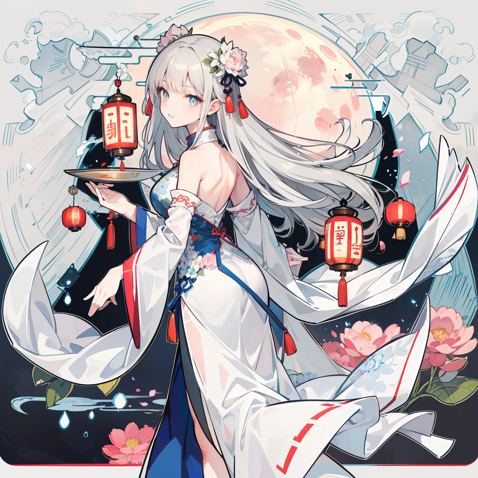 Masterpiece, Best quality, Night, full moon, 1 girl, Mature woman, Chinese style, Ancient China, The woman's grim expression, silver-white long hair, Light pink lips, calm, Intellectual, tribelt, Gray pupils,  Flower lanterns, holding lantern, flower ball background, Stroll through the streetscape，The woman smiled back