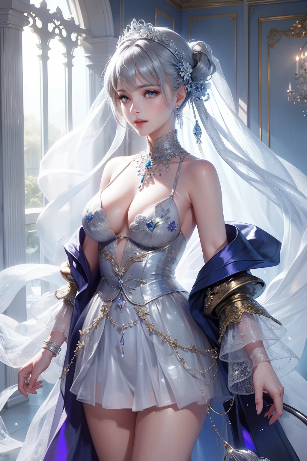 Cover your mouth and laugh,The hair is covered with beautiful and delicate floral craftsmanship, Crystal jewelry filigree,jewelry,Ultra-detailed details,Beautiful aristocratic girl,Gray hair is elegantly coiled,(((Silvertone))),(golden colored)。Blue and purple clear eyes,crystal