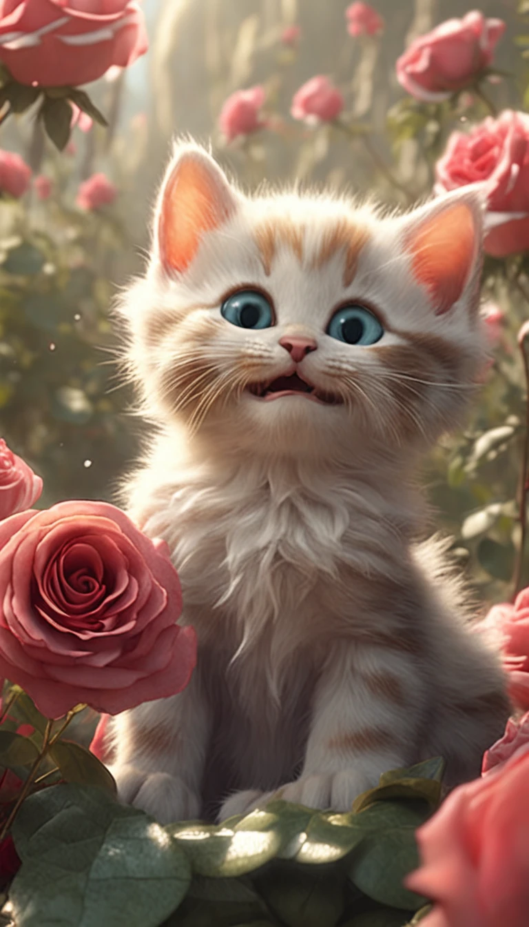 In this ultra-detailed CG art, cute kittens surrounded by ethereal roses, laughter, best quality, high resolution, intricate details, fantasy, cute animals, open mouths, laugh!!
