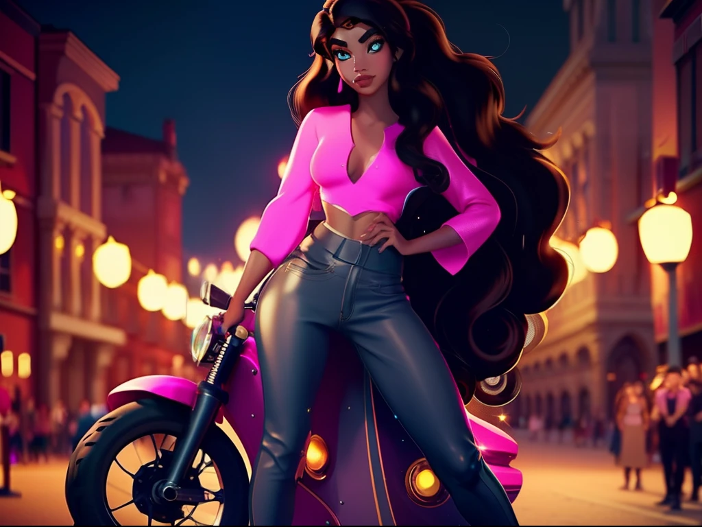 A brown skin girl with long hair, standing in front of a motorcycle 🏍️💨 in the city, sparkling simple make up, sparkling eyes, sparkling lips, sparkling, sparkling pink, sparkling black, a tall girl, high heel, wearing a trouser, night vision, flowers flying, hippie clothes