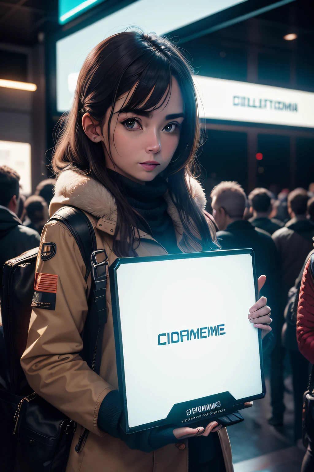 A woman holding an 8k cinematic cinema sign.