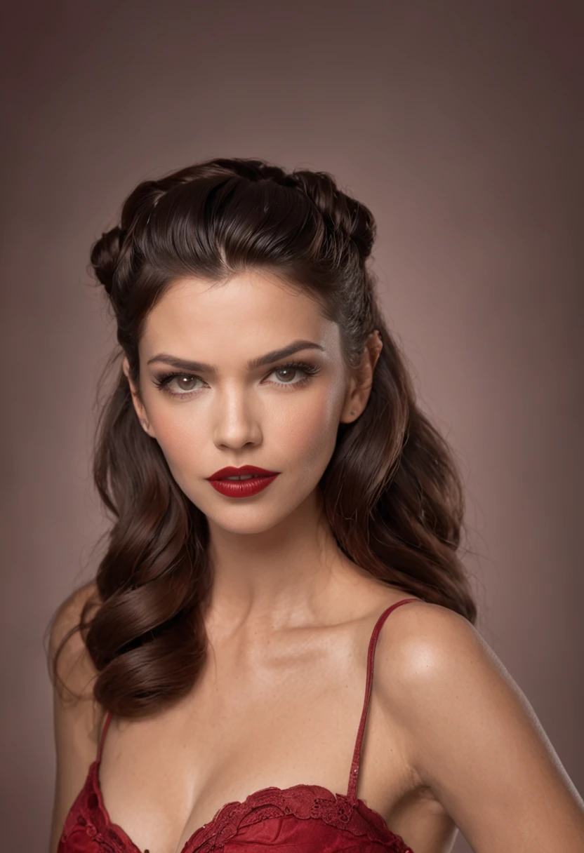 Photo of mature woman standing, (sardas: 0.7), solo, joias, brincos, olhos verdes, olhando para o espectador, maquiagem, cabelo cacheado, batom, cabelo vermelho, red-lips, (estilo steam punk: 1.2), Retro style, fantasia, realista, closeup, ([Adriana Lima | Odette Annable ]:1.1) vestindo avental, dentro do trem, retro Soviet wave, realista, arte pinup,  pinup, cores silenciadas, Sepia, cabelo laranja, cabelo curto, toupeira, Split lips, curioso, pele brilhante,