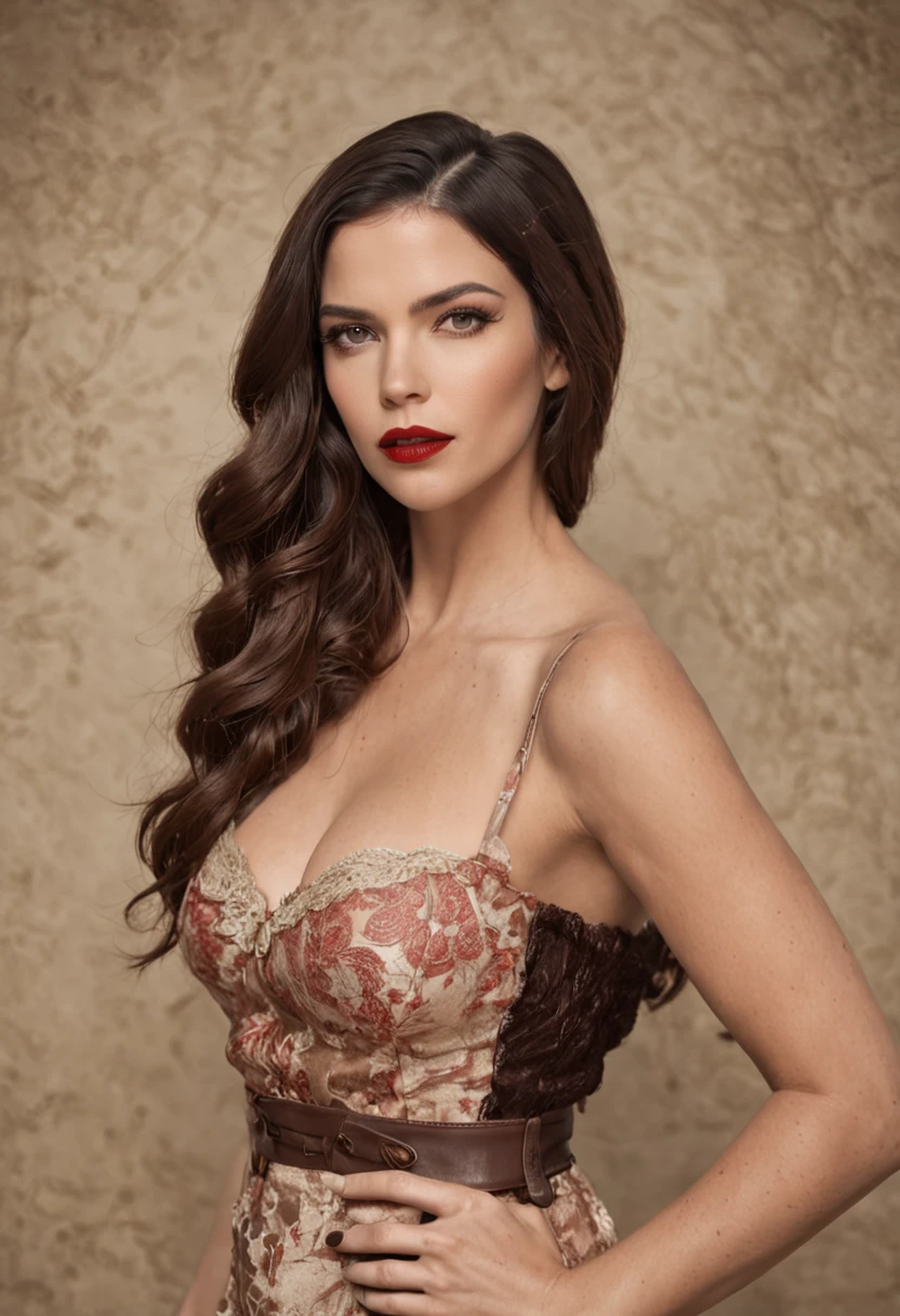 Photo of mature woman standing, (sardas: 0.7), solo, joias, brincos, olhos verdes, olhando para o espectador, maquiagem, cabelo cacheado, batom, cabelo vermelho, red-lips, (estilo steam punk: 1.2), Retro style, fantasia, realista, closeup, ([Adriana Lima | Odette Annable ]:1.1) vestindo avental, dentro do trem, retro Soviet wave, realista, arte pinup, menina pinup, cores silenciadas, Sepia, cabelo laranja, cabelo curto, toupeira, Split lips, curioso, pele brilhante,