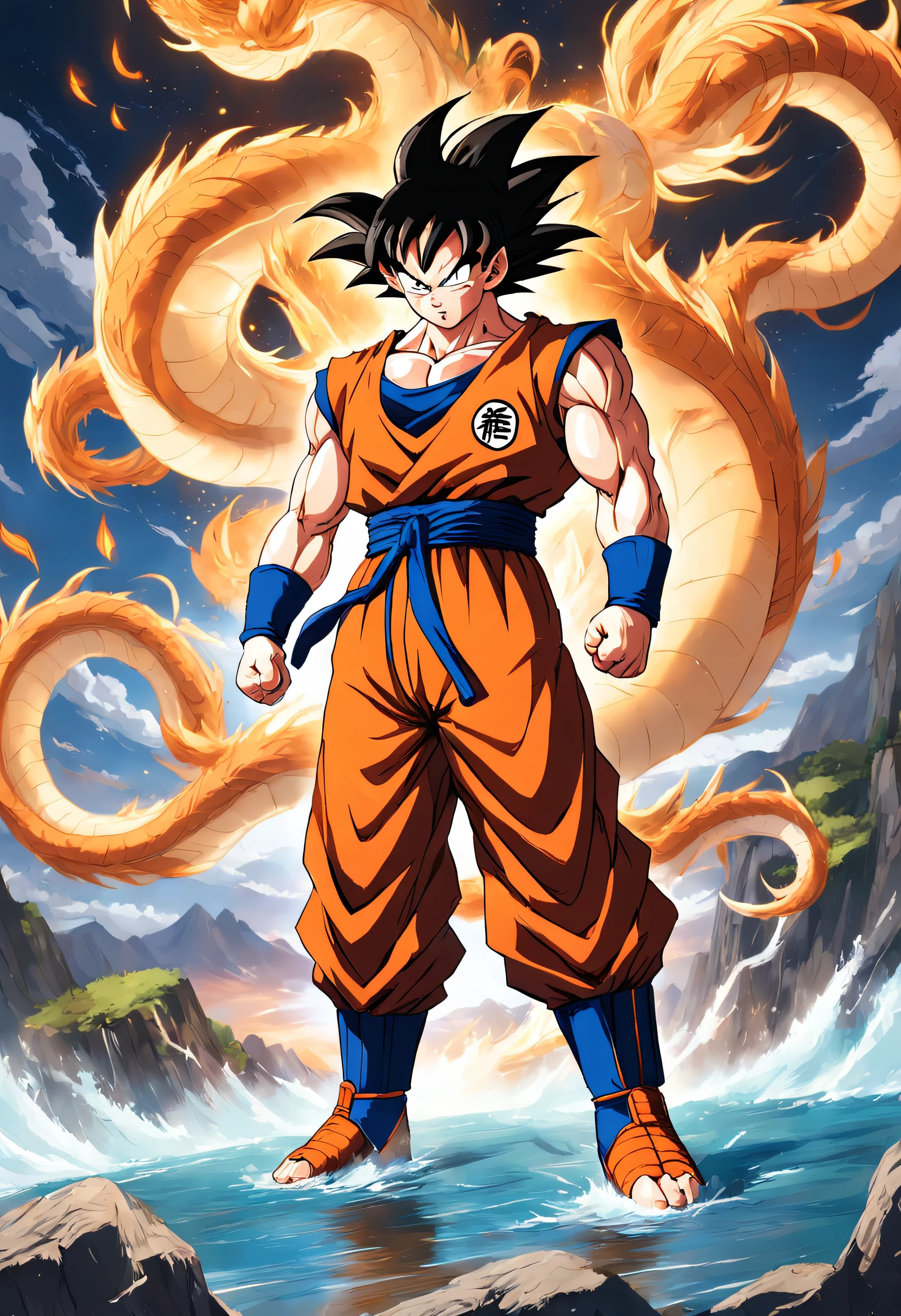 Dragon Ball Goku,Great ape, full body portrait,of a real,Facial features are carefully depicted,Realistic skin texture,Dark style,depth of fields,high light,Real light,Ray traching,oc rendered,Hyper-realistic,best qualtiy,8K,Works of masters,super-fine,Detailed pubic hair,Correct anatomy,sharp focus on eyes,facial features are carefully depicted. Goku Disfrutando de Fideos Chinos en un Restaurante" Description: En un restaurante acogedor con toques orientales, Goku, el famoso guerrero saiyajin, se encuentra en la cocina, rodeado de aromas deliciosos. Dressed in his iconic martial arts uniform, Goku is sitting on a high stool in front of a kitchen counter.. A cup of steaming Chinese noodles rests in front of him, mientras sostiene los palillos con destreza. With a smile of anticipation, Goku se dispone a saborear los fideos con entusiasmo. His fellow Z warriors meet at a nearby table, Observing with amusement his encounter with terrestrial cuisine. Behind him, los chefs del restaurante, ataviados con sus uniformes tradicionales, They watch with admiration the legendary fighter as he enjoys the meal. The atmosphere is full of warmth and camaraderie, despite the epic adventures that Goku and his friends regularly face. Soft lighting enhances the scene, making the colors of the ingredients and the decoration of the restaurant shine with a cozy luminosity. La imagen captura un momento inusual y relajado en la vida de Goku, showing his most human side while enjoying an earthy meal in the midst of his amazing exploits.