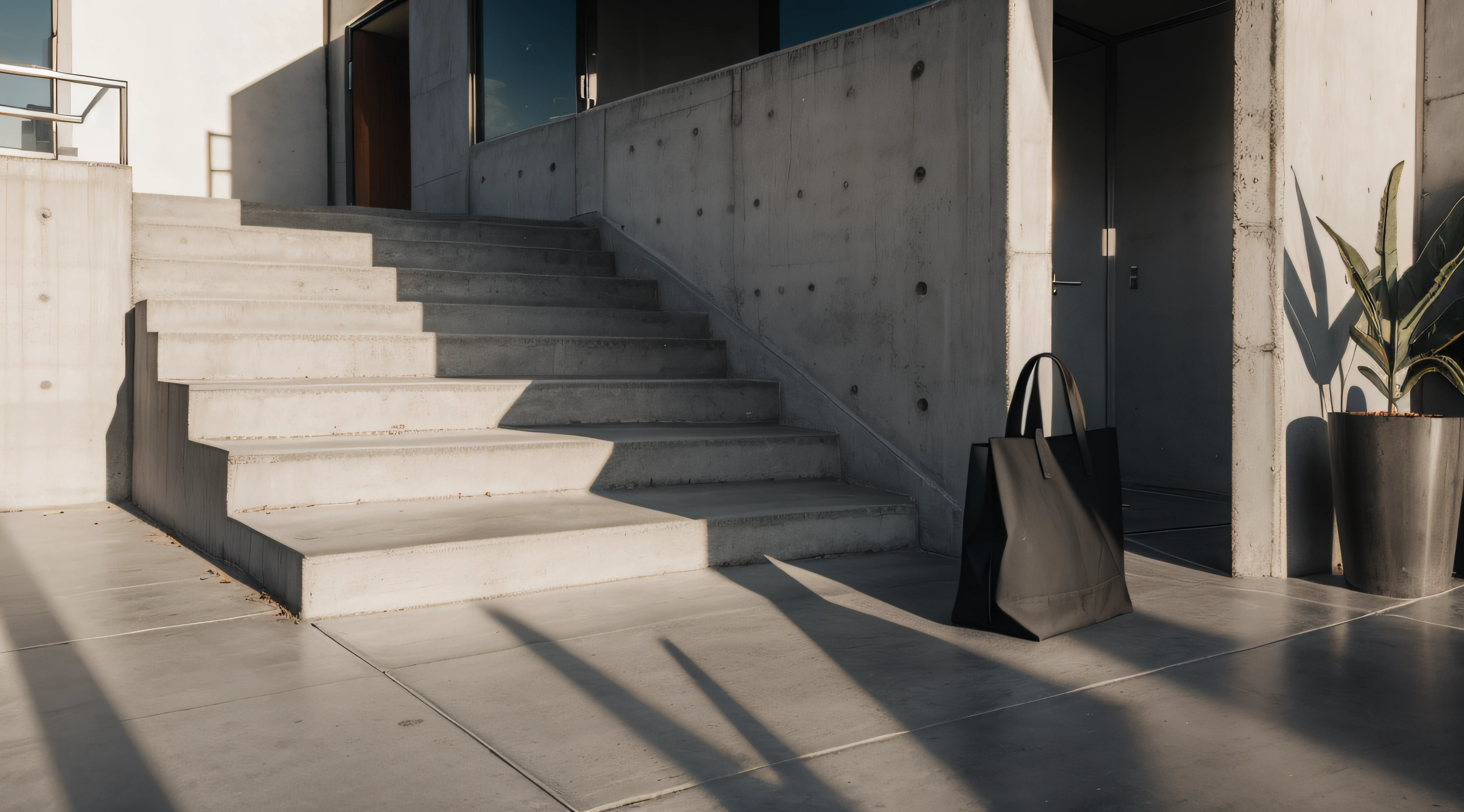 modern urban photography of an black tote bag in a concrete stairs, with shadows and a plant