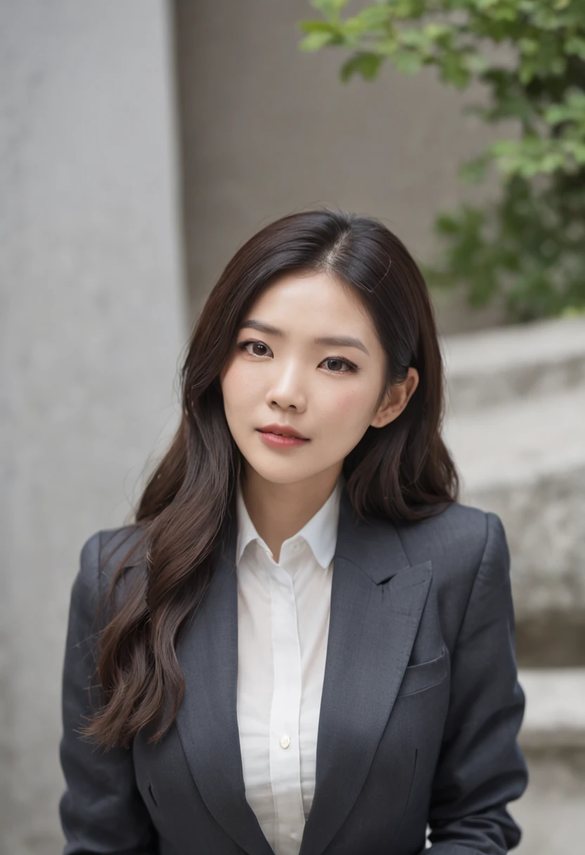 a beautiful Korean woman, with beautiful appearance and well dressed in a beautiful suit like a big businesswoman, long black hair, 35 years old, hugging another American woman, young 26 years old, dressed in a relaxed outfit with great style, a jacket