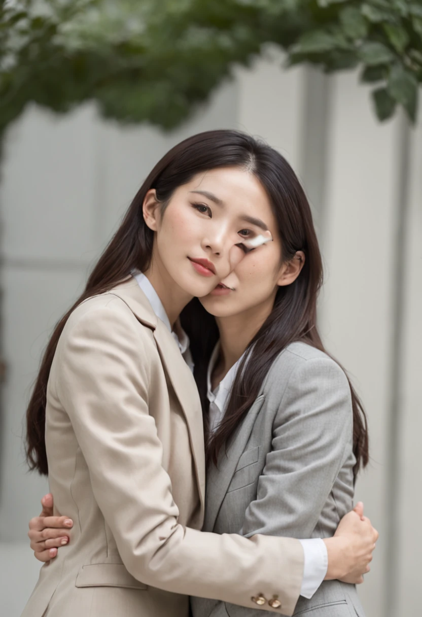 a beautiful Korean woman, with beautiful appearance and well dressed in a beautiful suit like a big businesswoman, long black hair, 35 years old, hugging another American woman, young 26 years old, dressed in a relaxed outfit with great style, a jacket